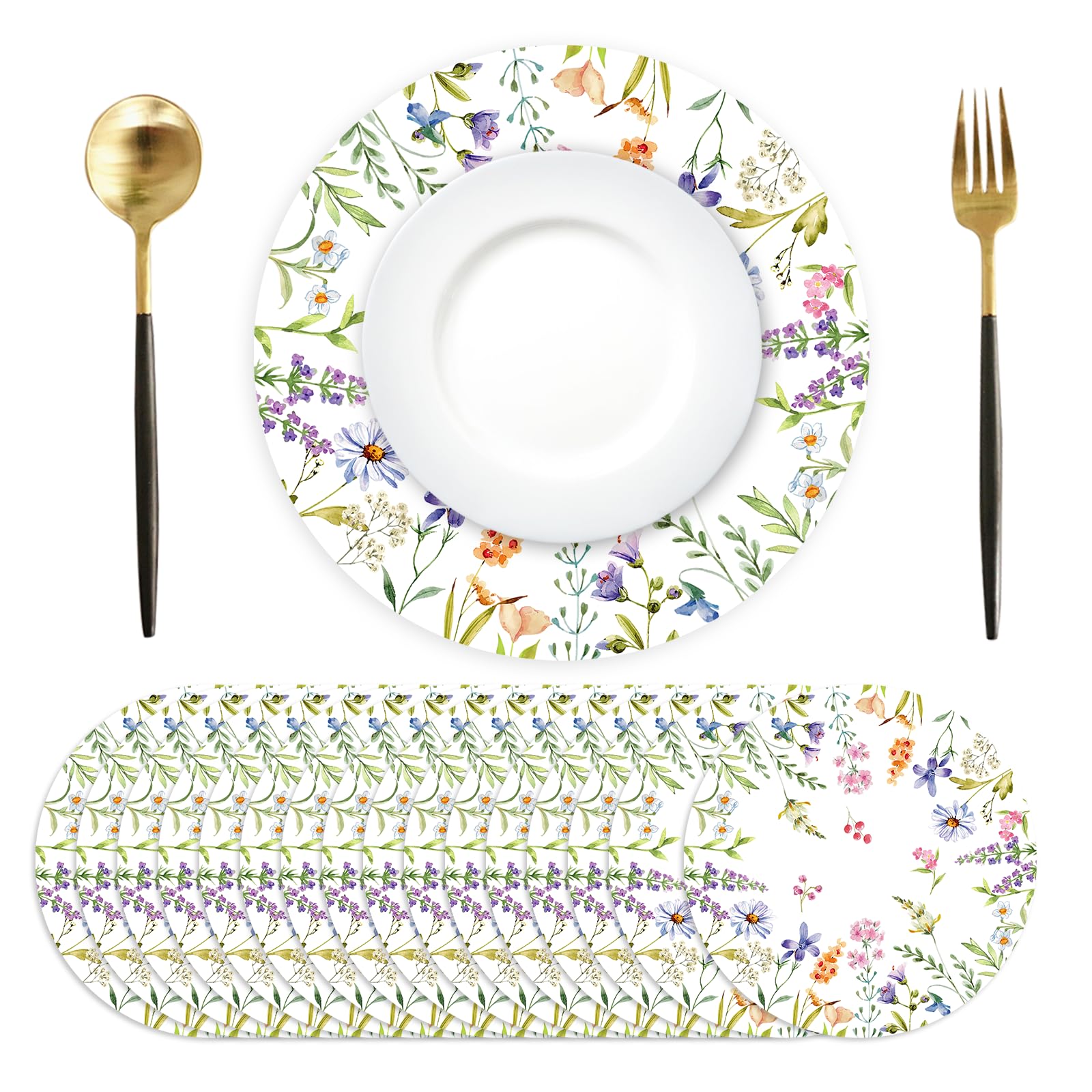 Paper Placemats Disposable 50 Pack Spring Flowers Place Mats 13.4 Inch Round Decorative Wildflower Table Mats for Spring Birthday Bridal Wedding Party Supplies
