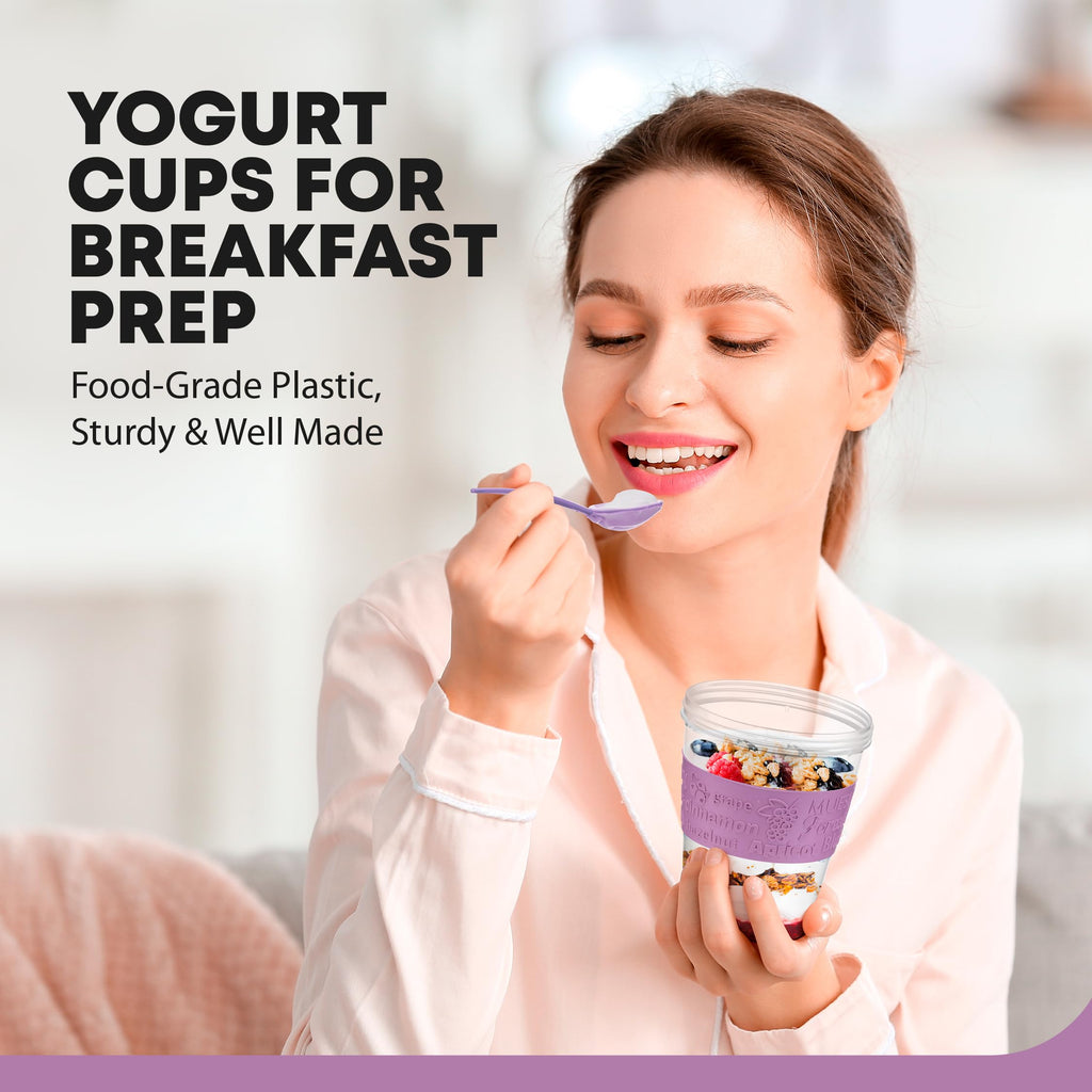 Tribello 4 Pack - On the Go Yogurt Parfait Cups with Lids, Topping Compartment & Spoon, Yogurt/Parfait Cups for Breakfast Meal Prep, Reusable Leak Proof Container - BPA Free - 20oz - Colorfull