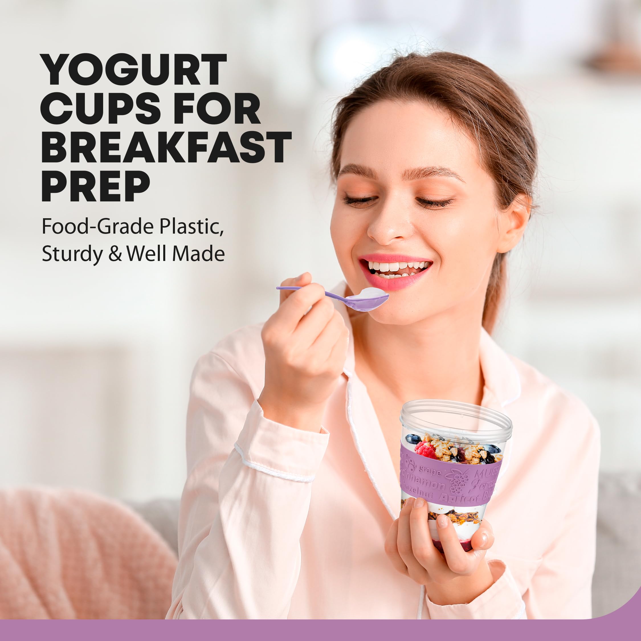 Tribello 4 Pack - On the Go Yogurt Parfait Cups with Lids, Topping Compartment & Spoon, Yogurt/Parfait Cups for Breakfast Meal Prep, Reusable Leak Proof Container - BPA Free - 20oz - Colorfull