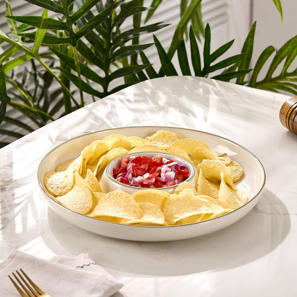 Ceramic Chip & Dip Tray Set: Large 11.5" Serving Dishes, Bowls & Platters, Christmas Dishes, Serving Platter, Snack Tray, Lenox Spice Village Set,Vaisselle de Noel for Appetizers & Parties