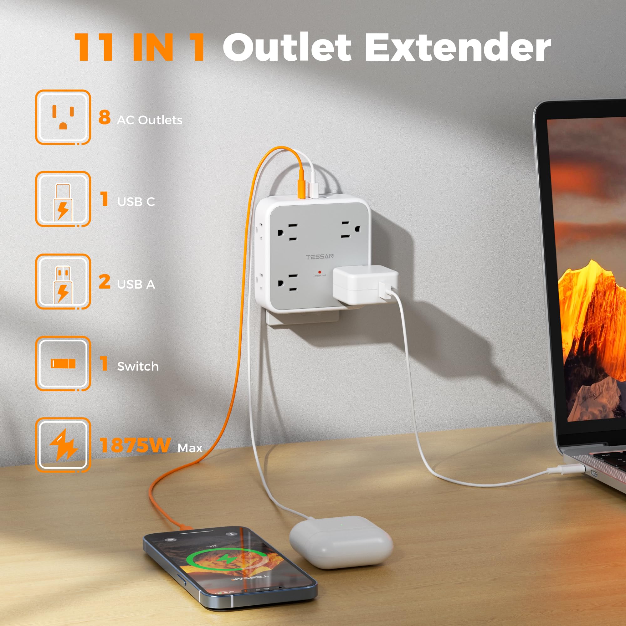 Multi Plug Outlet Extender, TESSAN 900J Surge Protector Plug Extension Block, 8 Outlet Splitter with 3 USB Ports (1 USB C), Electrical Socket for Home Office Dorm Room Essentials, Gray
