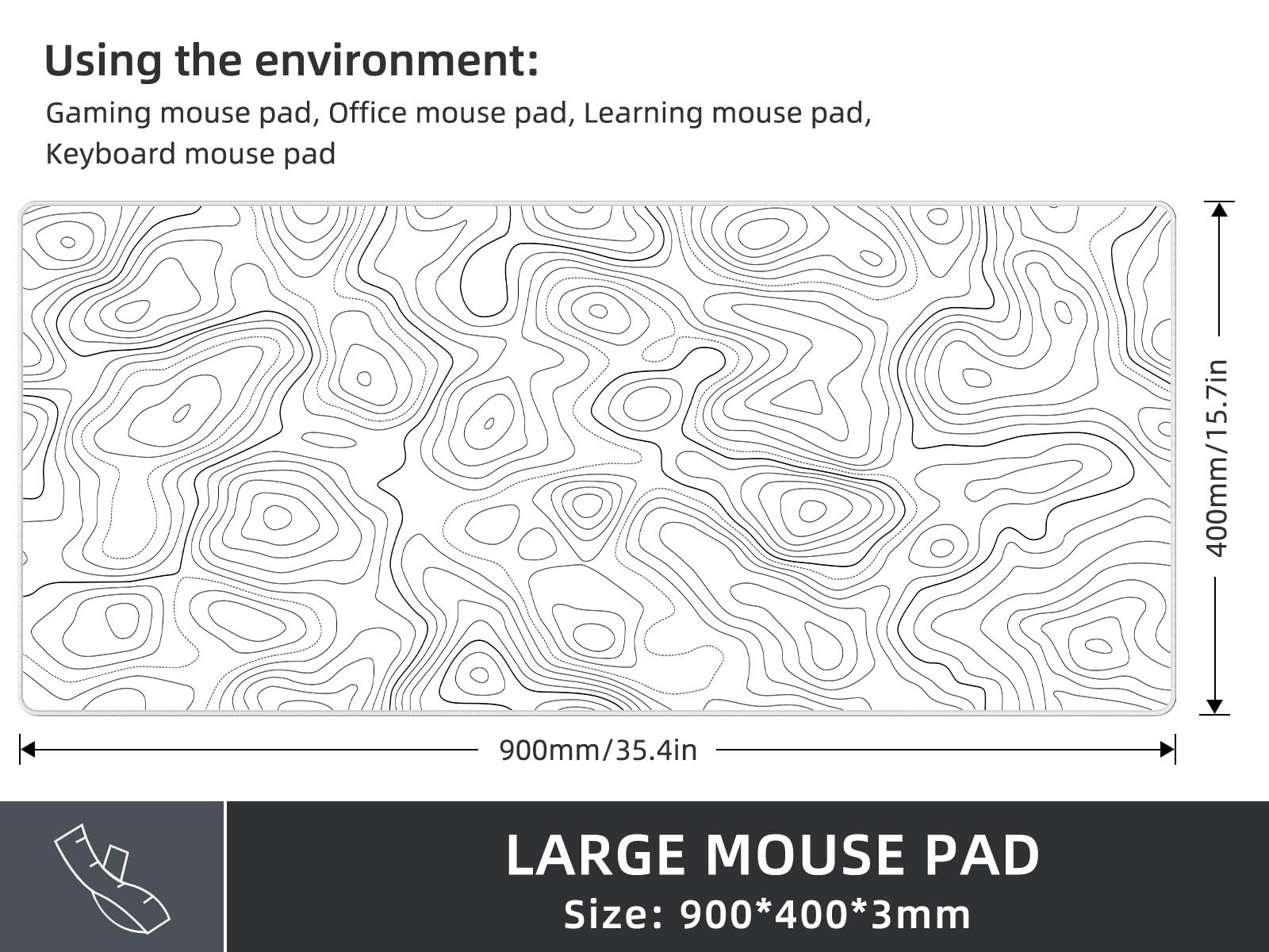 Rinaze Large Gaming Mouse Pad Desk Mat with White Topographic, Anti-Slip Keyboard Pad with Multifunctional, Comfortable Big XXL Mousepad, Office Desk Accessories for Computer, Home and Gaming