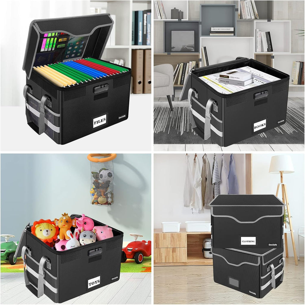 DocSafe Fireproof Document Box with Lock, File Storage Organizer with Mesh Pockets, Collapsible Portable File Box Home Office Safe Filing Cabinet with Handle for Hanging Letter/Legal Folder, Black
