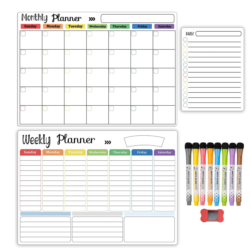 Hivillexun Magnetic Dry Erase Calendar Whiteboard Set (3-Pack) for Fridge, Wall, and Home Organization with Monthly, Weekly & Daily Planners, Includes 8 Markers & 1 Eraser