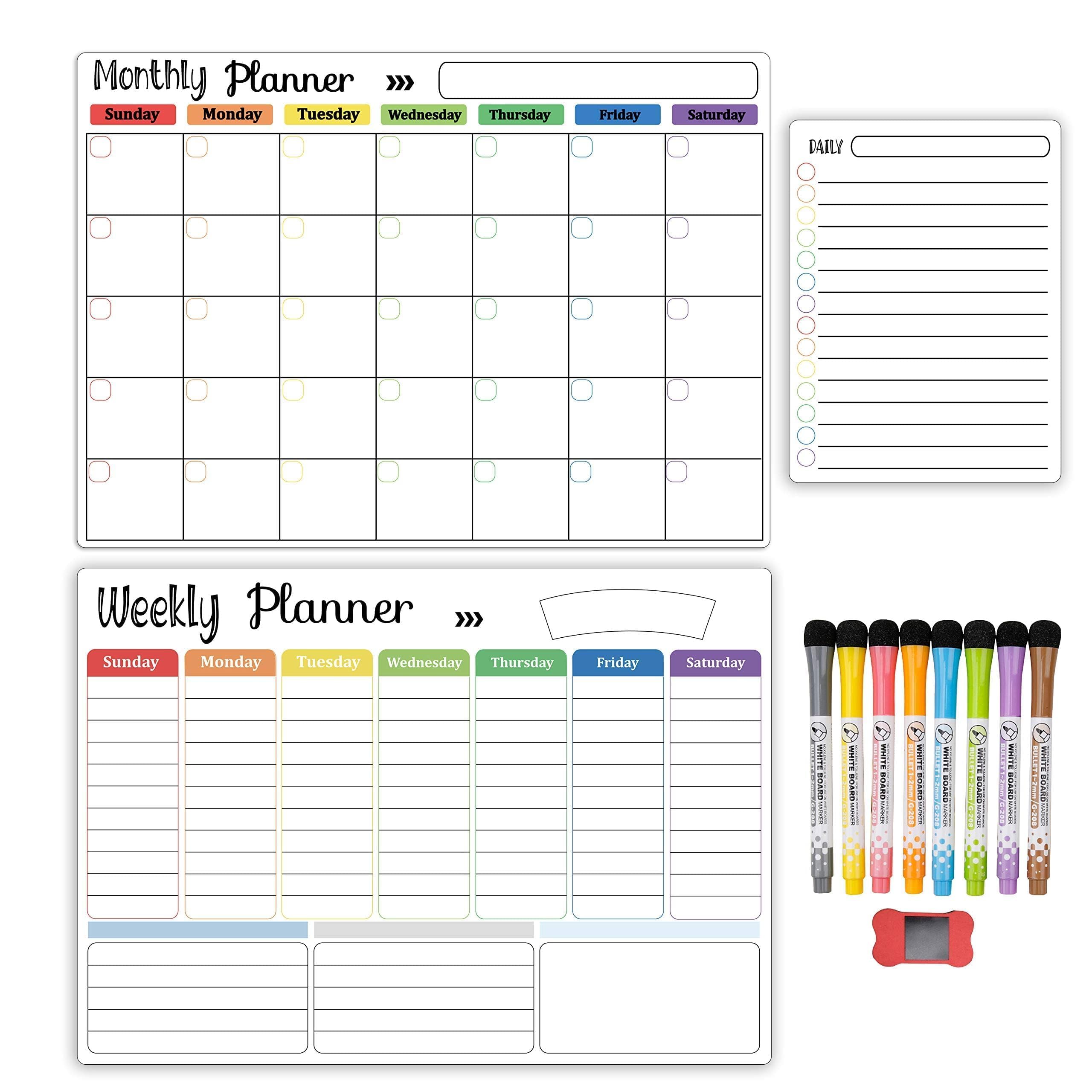 Hivillexun Magnetic Dry Erase Calendar Whiteboard Set (3-Pack) for Fridge, Wall, and Home Organization with Monthly, Weekly & Daily Planners, Includes 8 Markers & 1 Eraser