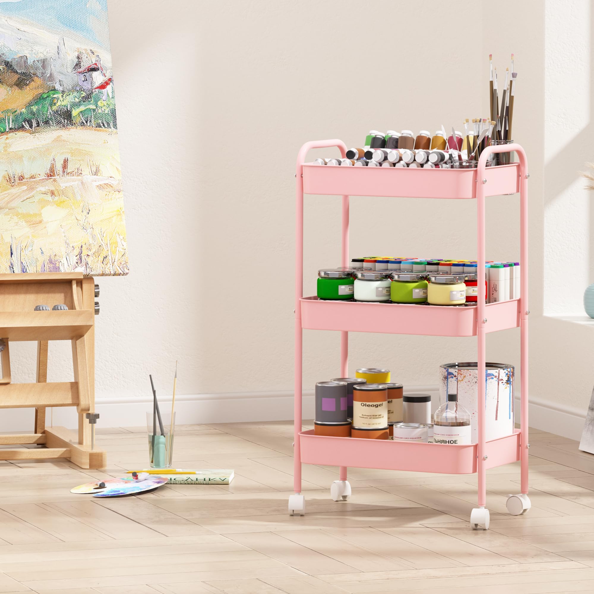 3 Tier Metal Rolling Cart with Wheels, Utility Storage Cart with Handle and Lockable Casters, Storage Basket Organizer Shelves, Easy Assemble for Kitchen, Living Room, Office, Nursery, White (Pink)