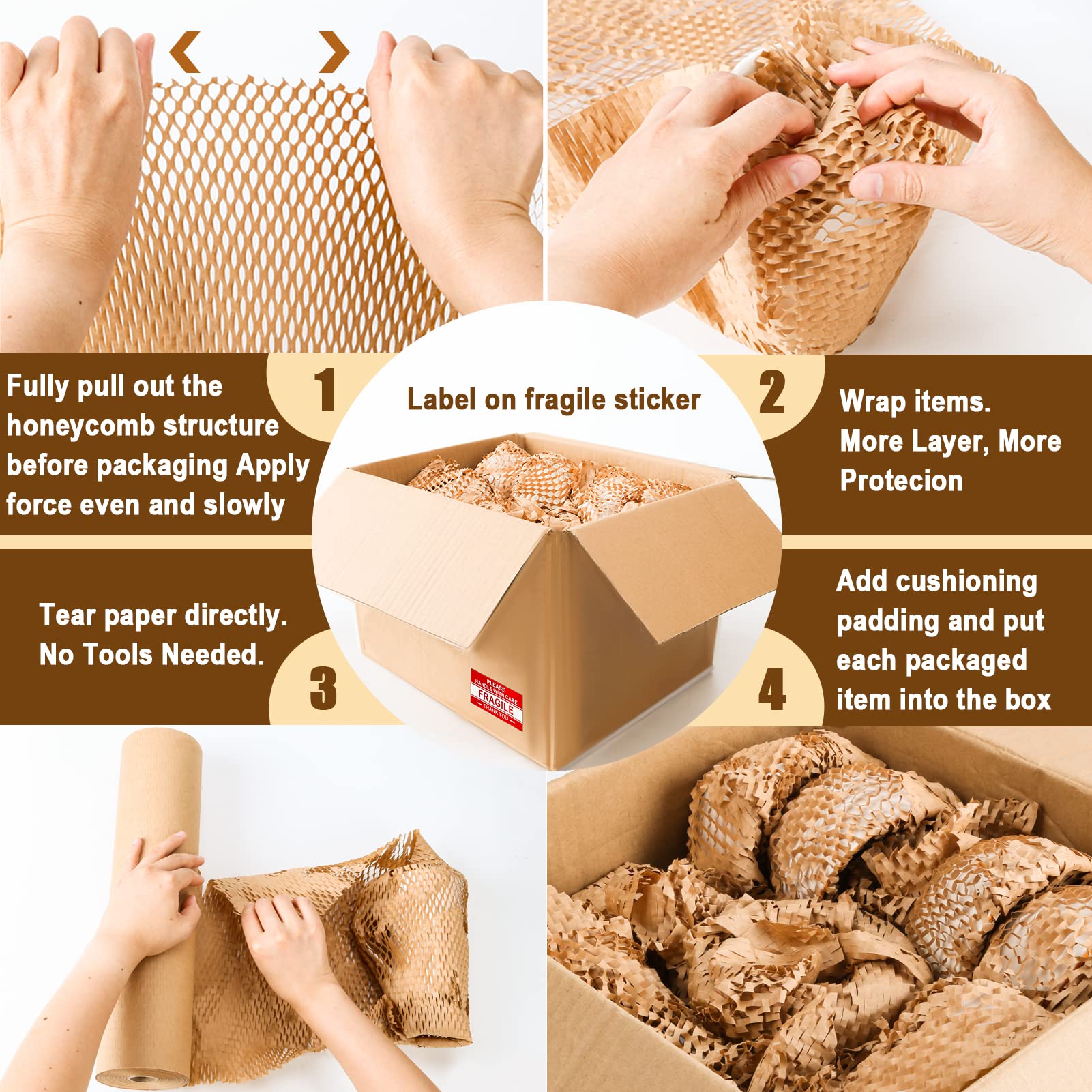 Honeycomb Packing Paper, 204' x 15" Recyclable Cushion Packing Paper for Moving Shipping Packaging Breakables, Eco Friendly Bubble Wrap Alternative Roll Kraft Honeycomb Paper with 20 Fragile Stickers