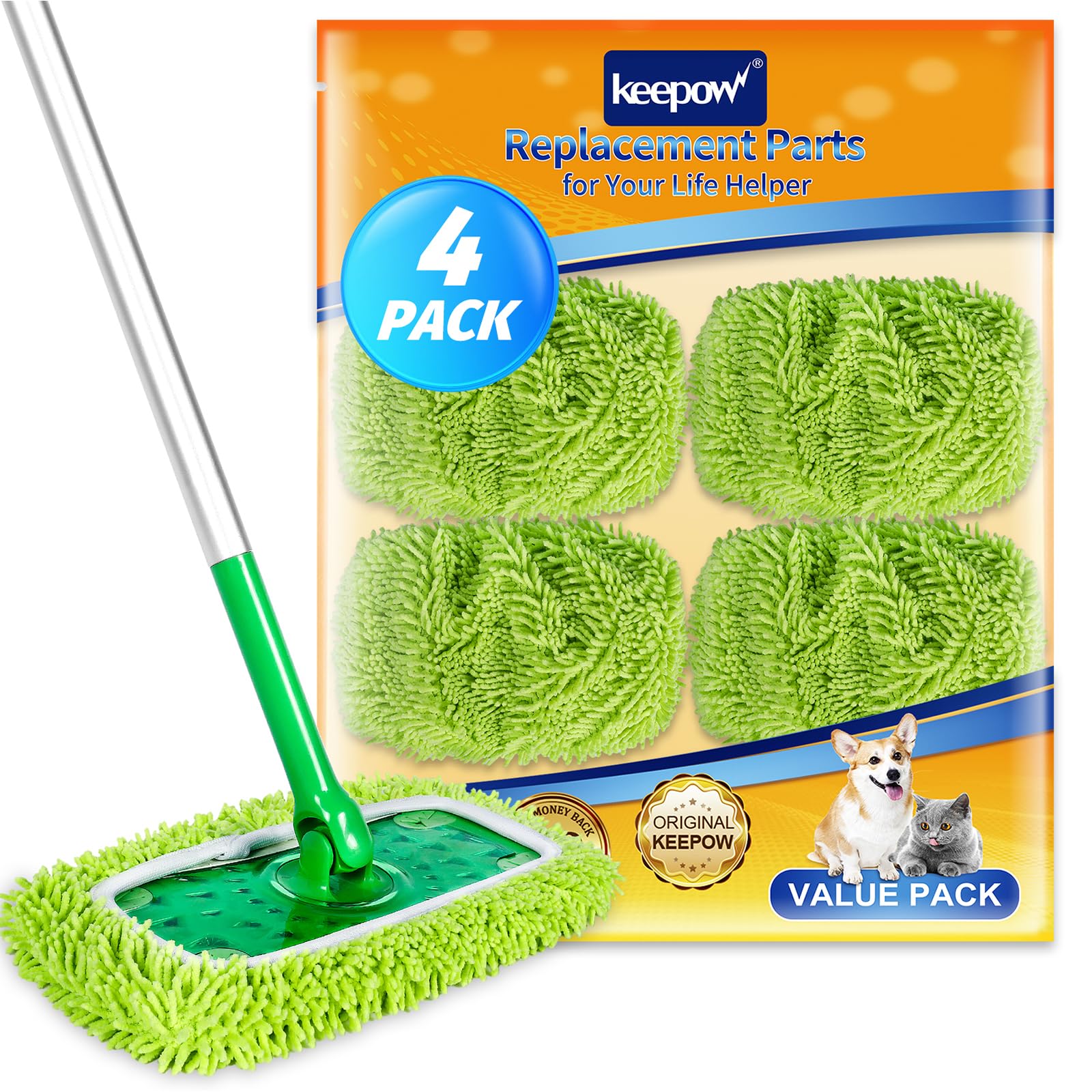 KEEPOW Reusable Microfiber Mop Pads Compatible with Swiffer Sweeper Mop, Dry Sweeping Cloths, Washable Wet Mopping Cloth Refills for Surface/Hardwood Floor Cleaning, 4 Pack (Mop is Not Included)