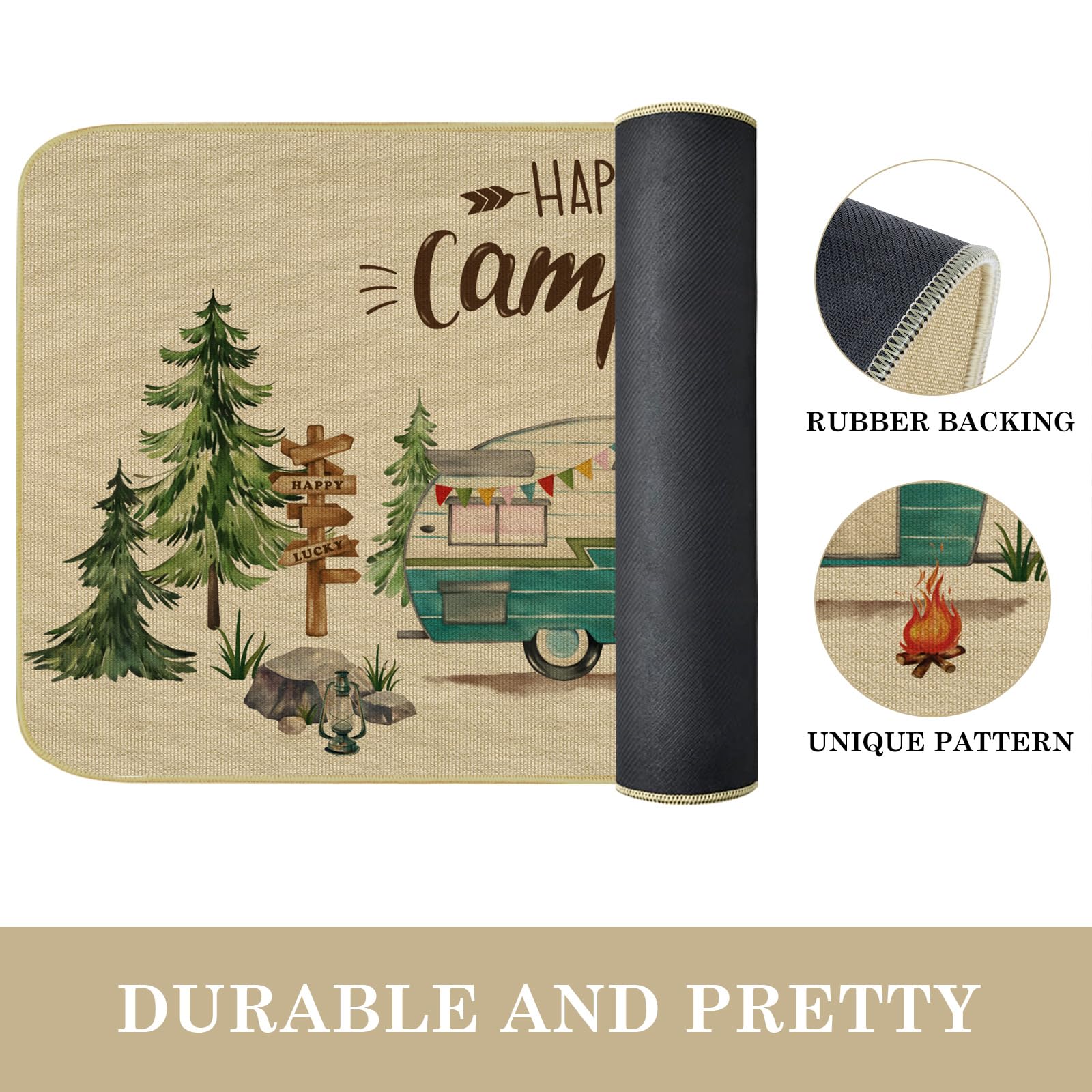 comfoyar Camper RV Door Mat, Happy Camper Floor Mats, Welcome Mat with Rubber Backing for Shoe Scraper, Non Slip, Easy to Clean Floor Mat Rug for Outside Camper Decor (17"x 30")