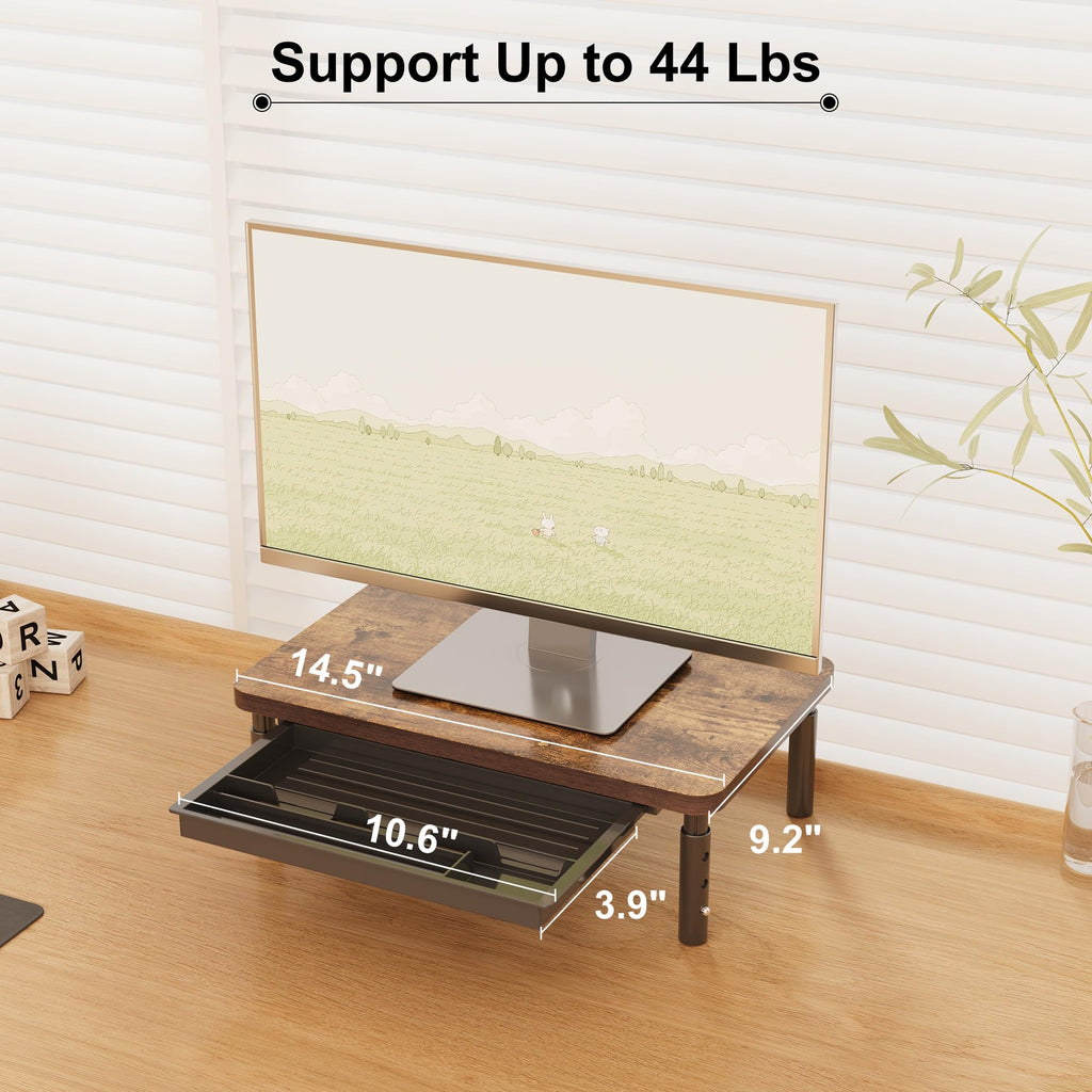 ETHU Monitor Stand for Desk, 3 Height Adjustable Computer Monitor Riser with Storage Drawer, Wood Computer Monitor Stand for Office and Home, Ergonomic Desk Stand for Printer, Laptop, PC (Walnut)