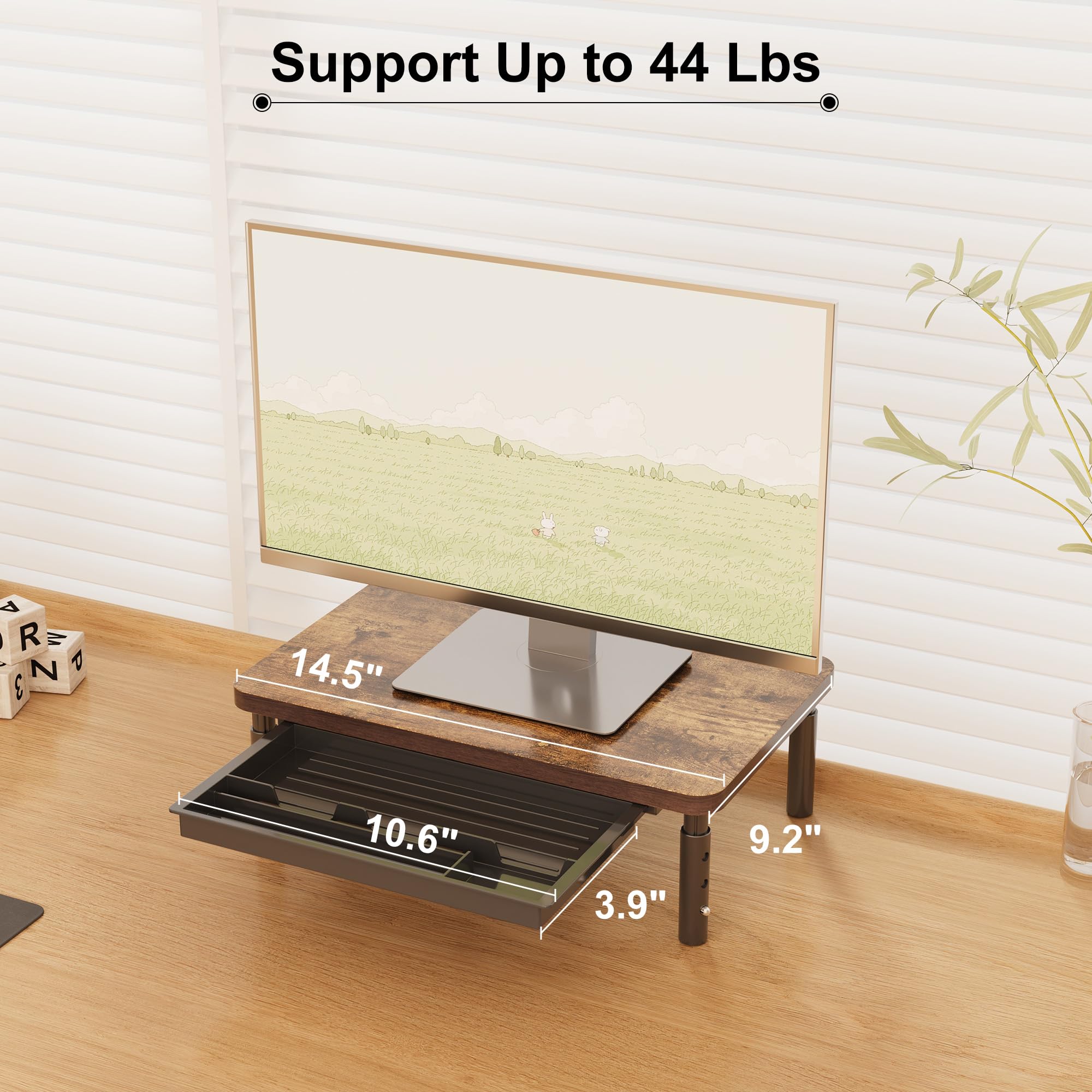 ETHU Monitor Stand for Desk, 3 Height Adjustable Computer Monitor Riser with Storage Drawer, Wood Computer Monitor Stand for Office and Home, Ergonomic Desk Stand for Printer, Laptop, PC (Walnut)