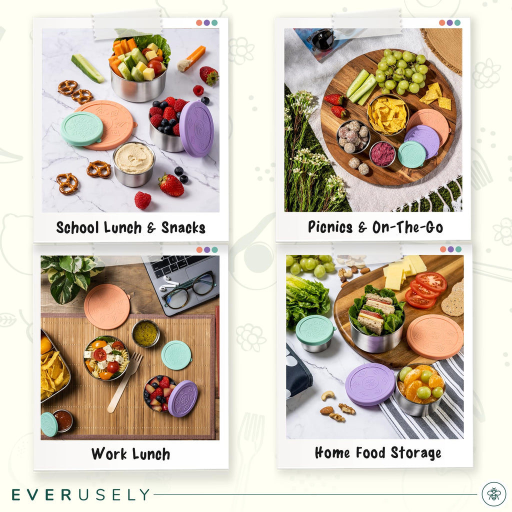 Everusely - Stainless Steel Food Containers - 3 Pack, Bright - Lunch Box - Snack Containers for Office, Home Food Storage - Leakproof w/Silicone Lids - Dishwasher & Freezer Safe