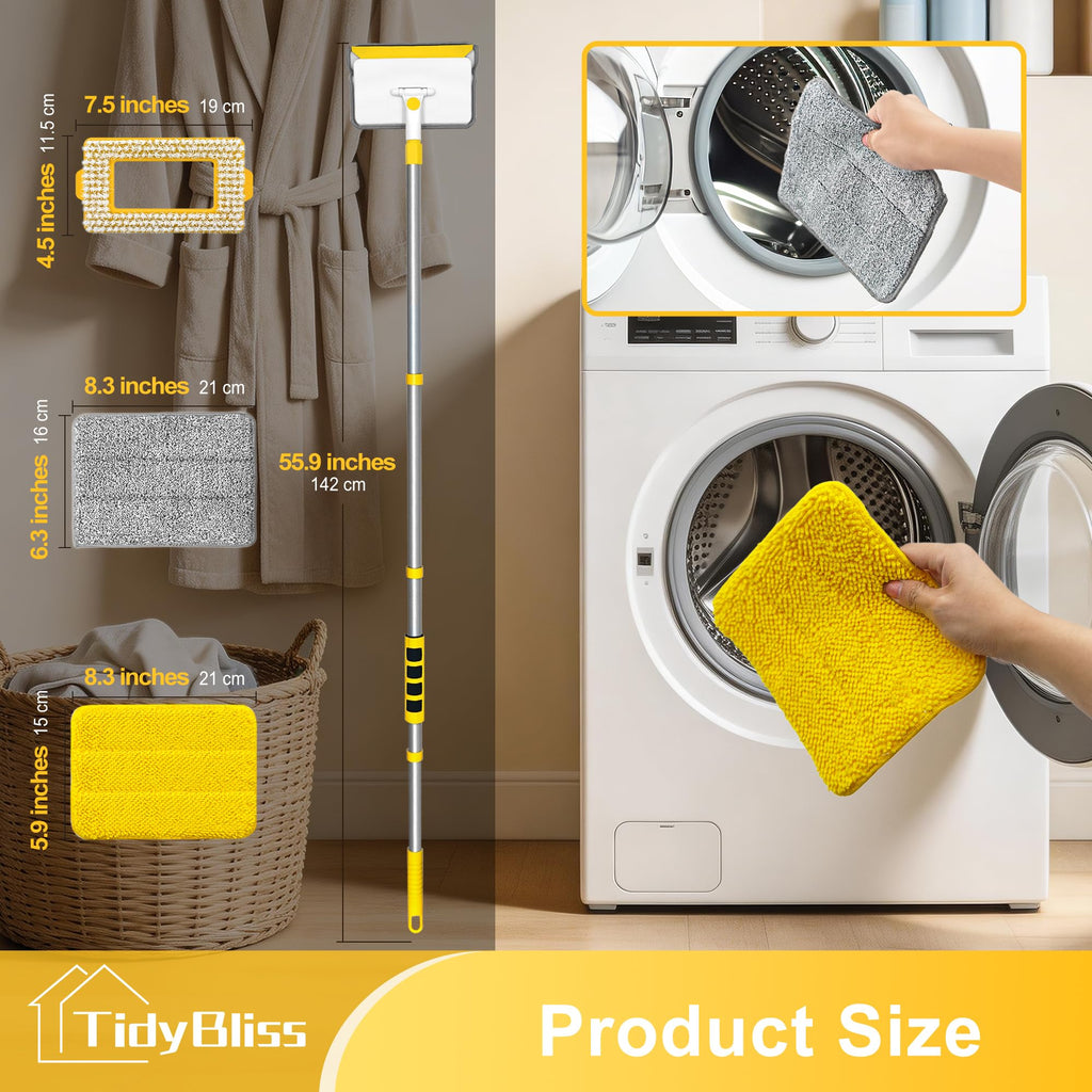 TidyBliss Baseboard Cleaner Tool with Handle, 55.9” Long Wall and Base Board Cleaning Mop, 4 Reusable Pads, 1 Stiff Bristle Scrubber Brush for Floorboard Ceiling Cabinet Window Bathroom (Yellow)