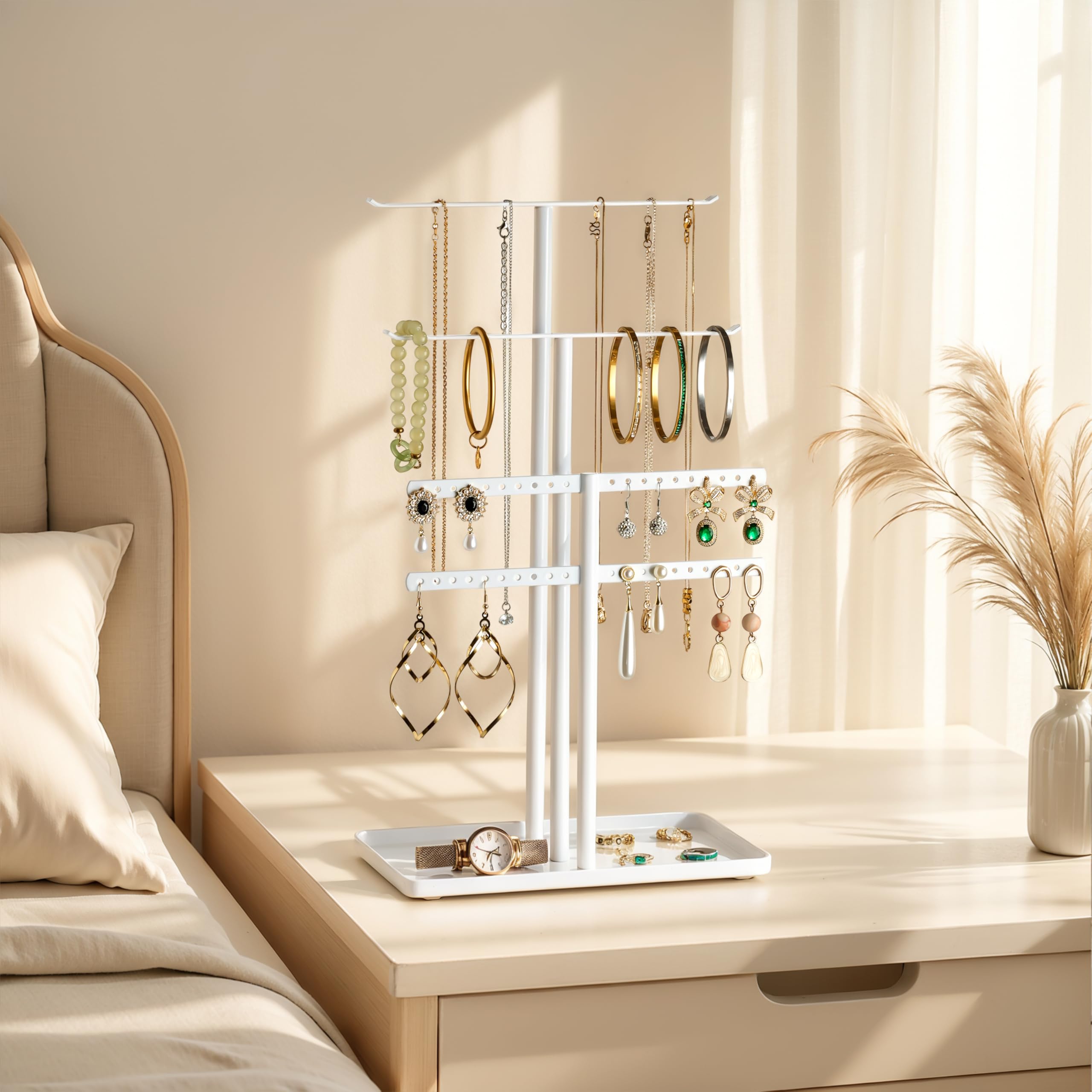 Jewelry Stand Organizer, 37CM Tall Sturdy Metal, 3-Tier Jewelry Holder for Necklace, Earring, Bracelet, Ring, White