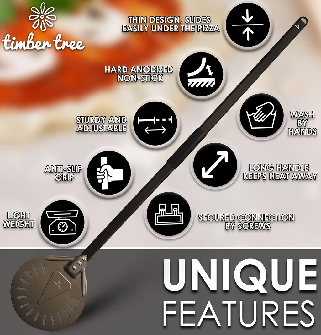 Timber Tree Pizza Turning Peel, Perforated Aluminum, with Detachable Handle for Easy Storage, Gourmet Luxury Pizza Paddle for Baking Homemade Pizza Bread (8 inch)