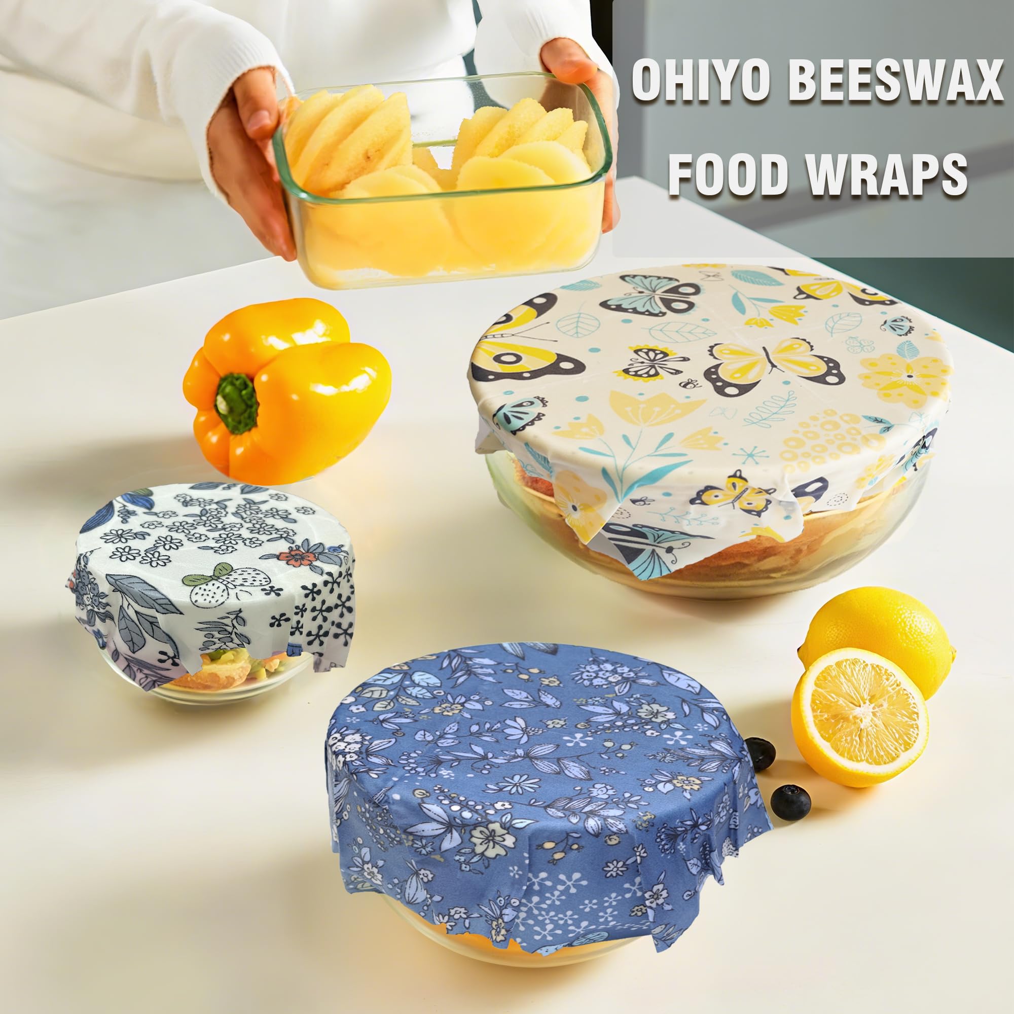 OHIYO Reusable Beeswax Wraps for Food, 9 Pack Organic Cotton Beeswax Paper (1XL+3M+5S), Bread Sandwich Wrap, Suitable for Bowls, Fruit, Cheese, Burger