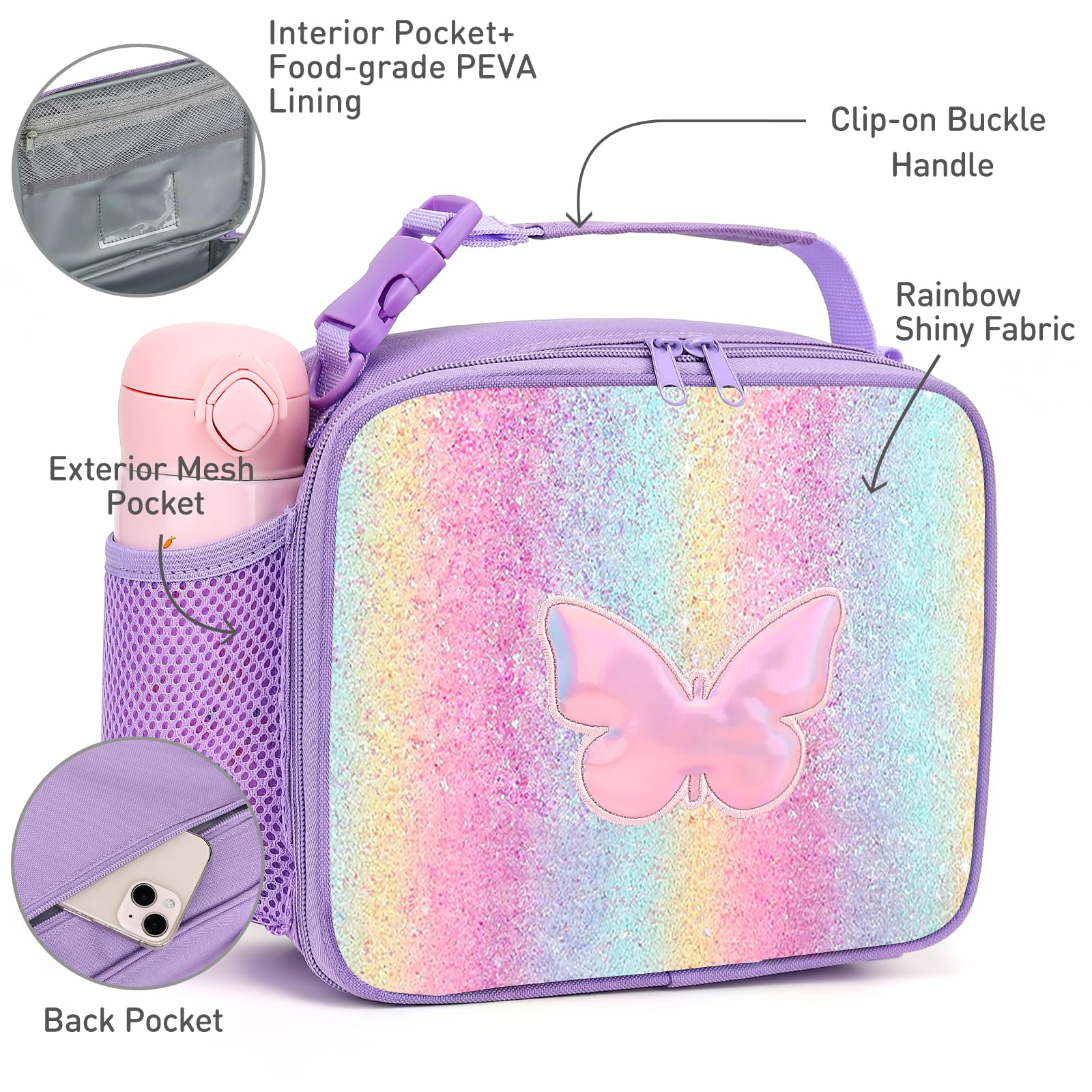 Hairao Butterfly Lunch Box for Girls Kids Rainbow Lunch Bag Waterproof Thermal Insulated Cooler Bag for Girls Kids Toddlers Teens School Gift