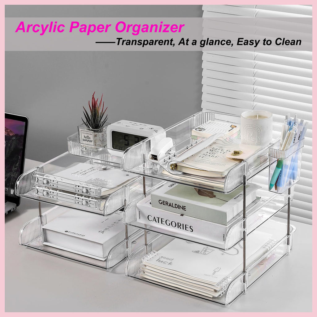 Paper Organizer Letter Tray - Arcylic Desk File Organizer with Pencil Holder and Top Box, Stackable Paper Organizer for Desk, Office Organizers for Letter/A4 Office File, Books