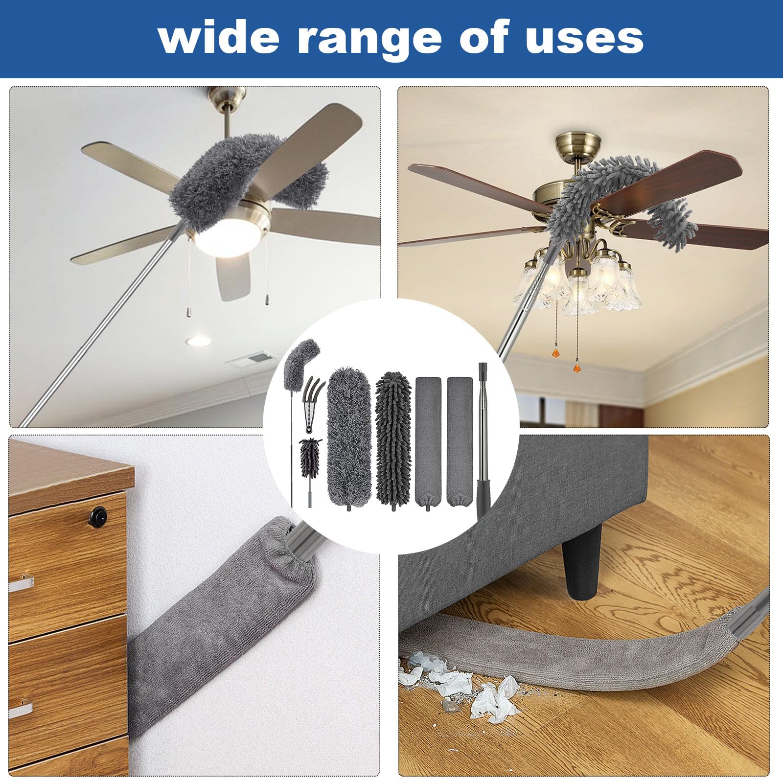 FUUNSOO Microfiber Feather Duster, Duster with Extension Pole 30-100 Inches,Ceiling Fan Cleaner Duster Retractable Gap Dust Brush Cleaner for Cleaning Cobweb,High Ceiling,Blinds (Dark Gray)