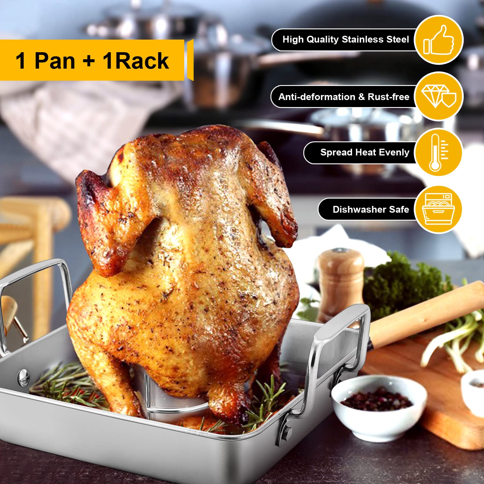 Roasting Pan with Rack, P&P CHEF Beer Can Chicken Roaster 9-inch Stainless Steel Baking pan with Vertical Rack, for Baking Grilling Smoker, Rivet Handle & Thick Wire, Heavy Duty & Dishwasher Safe