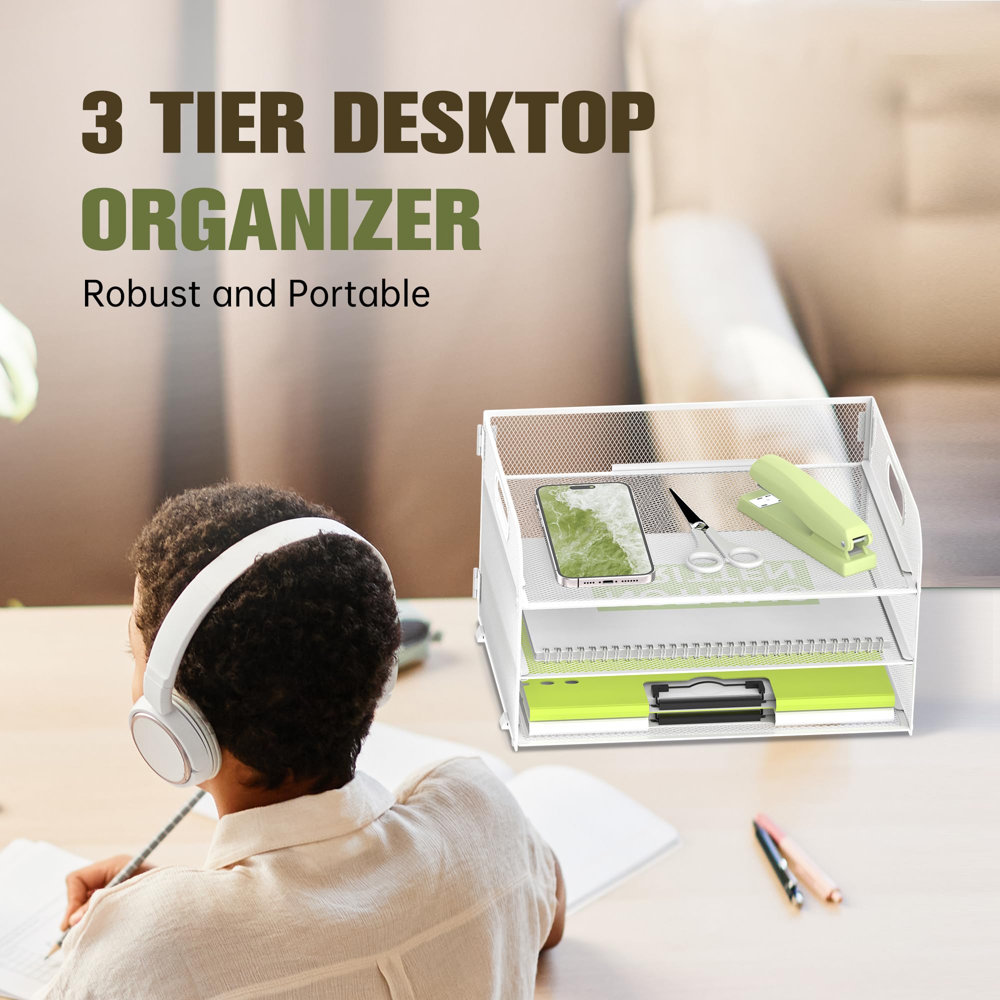 Daltack 3-Tier Paper Organizer with Handle, Mesh Desk Organizer Letter Tray, Paper Tray Organizer File Organizer for A4 File Folder, White