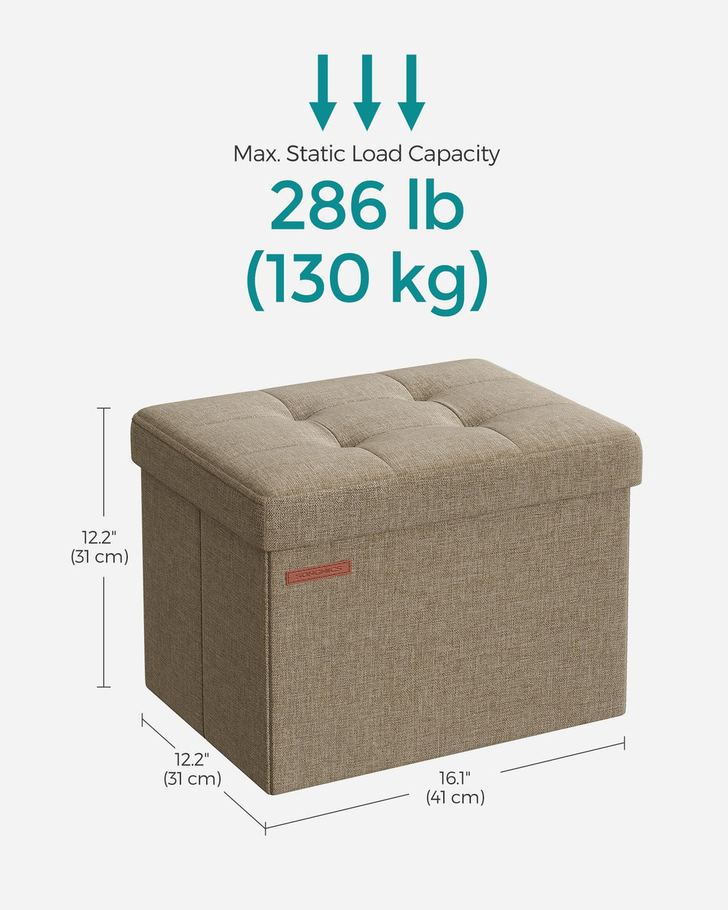 SONGMICS Small Folding Storage Ottoman, Foot Rest Stool, 31 x 41 x 31 cm, 286 kg Load Capacity, for Living Room, Bedroom, Home Office, Dorm, Light Taupe ULSF102K01
