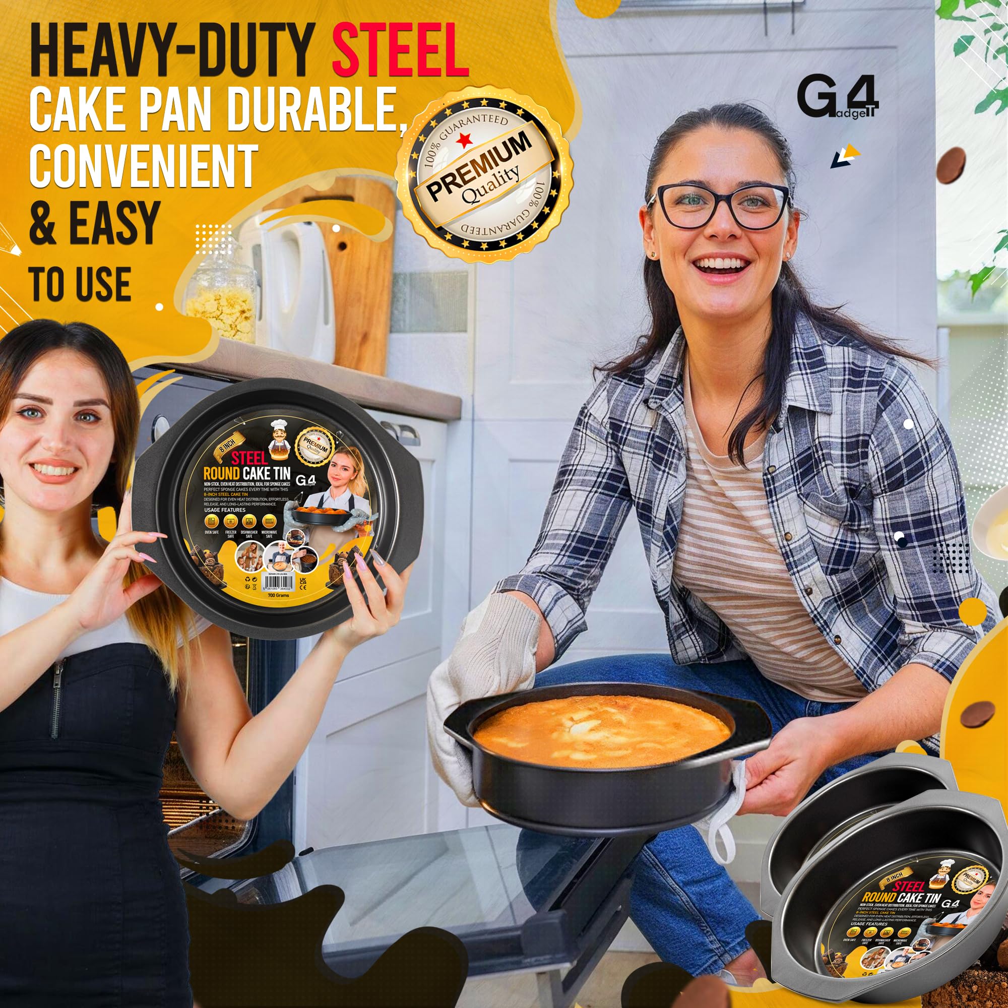 G4gadget 8 Inch Round Cake Pans, Non stick Deep Baking Pan for Round Layer & Cheese cake, Non-Toxic Healthy Metal Cake Tin for Birthday Wedding Party, Straight Side & Dishwasher Safe - Set of 2