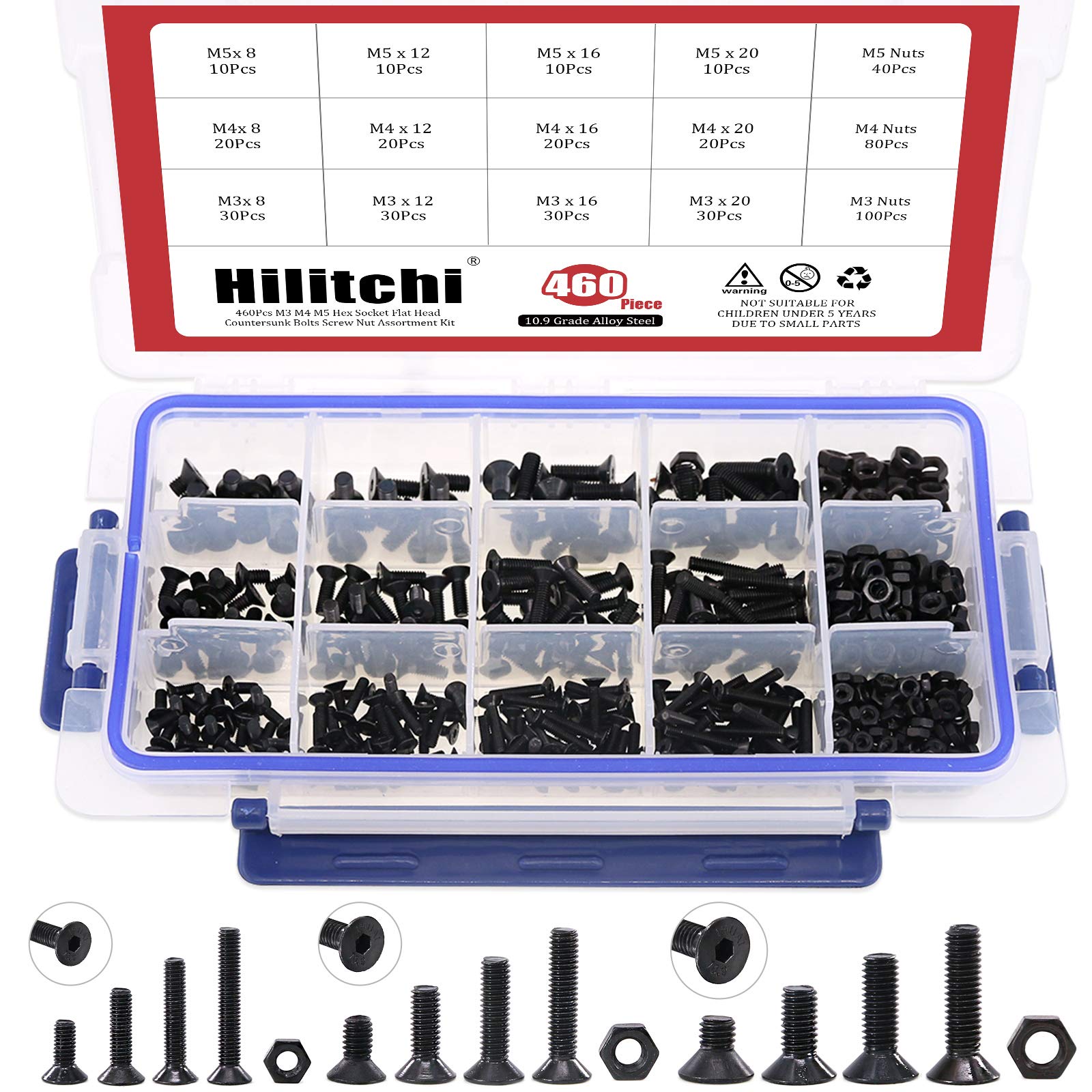 Hilitchi 460-Pcs M3 M4 M5 Hex Socket Flat Head Countersunk Bolts Screw Nut Assortment Kit - 10.9 Grade Alloy Steel