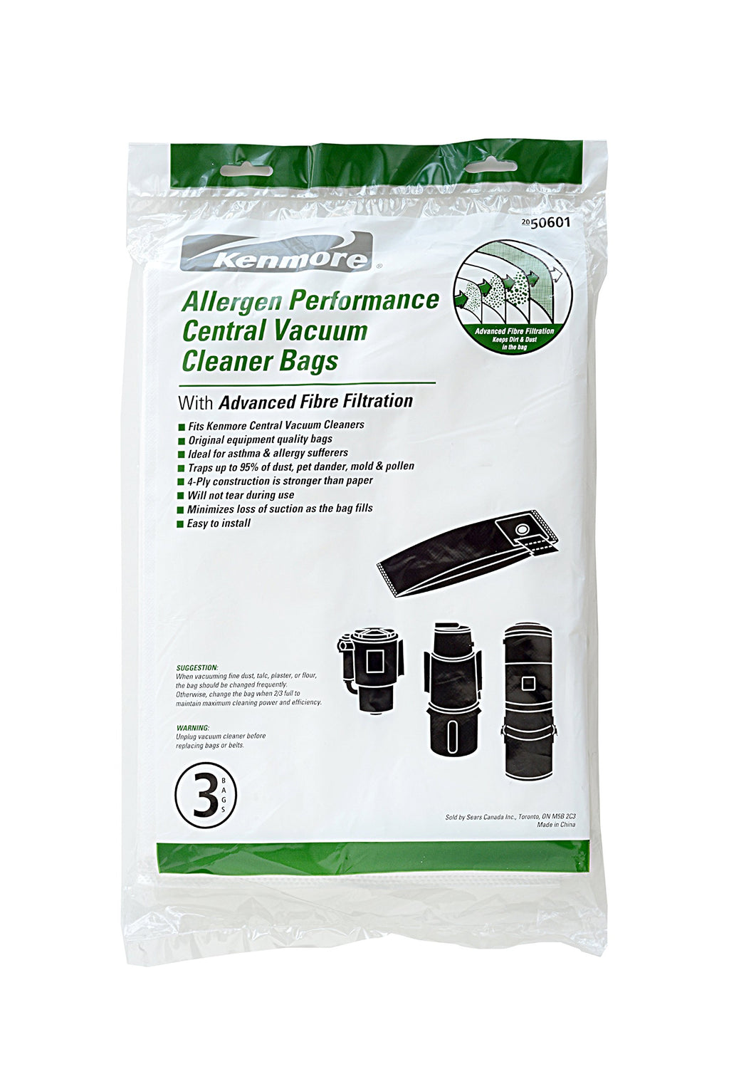 Kenmore 50601 Allergen Central Vac Bags. Genuine Kenmore Synthetic Central Vacuum Cleaner Bags. Package of 3 Bags