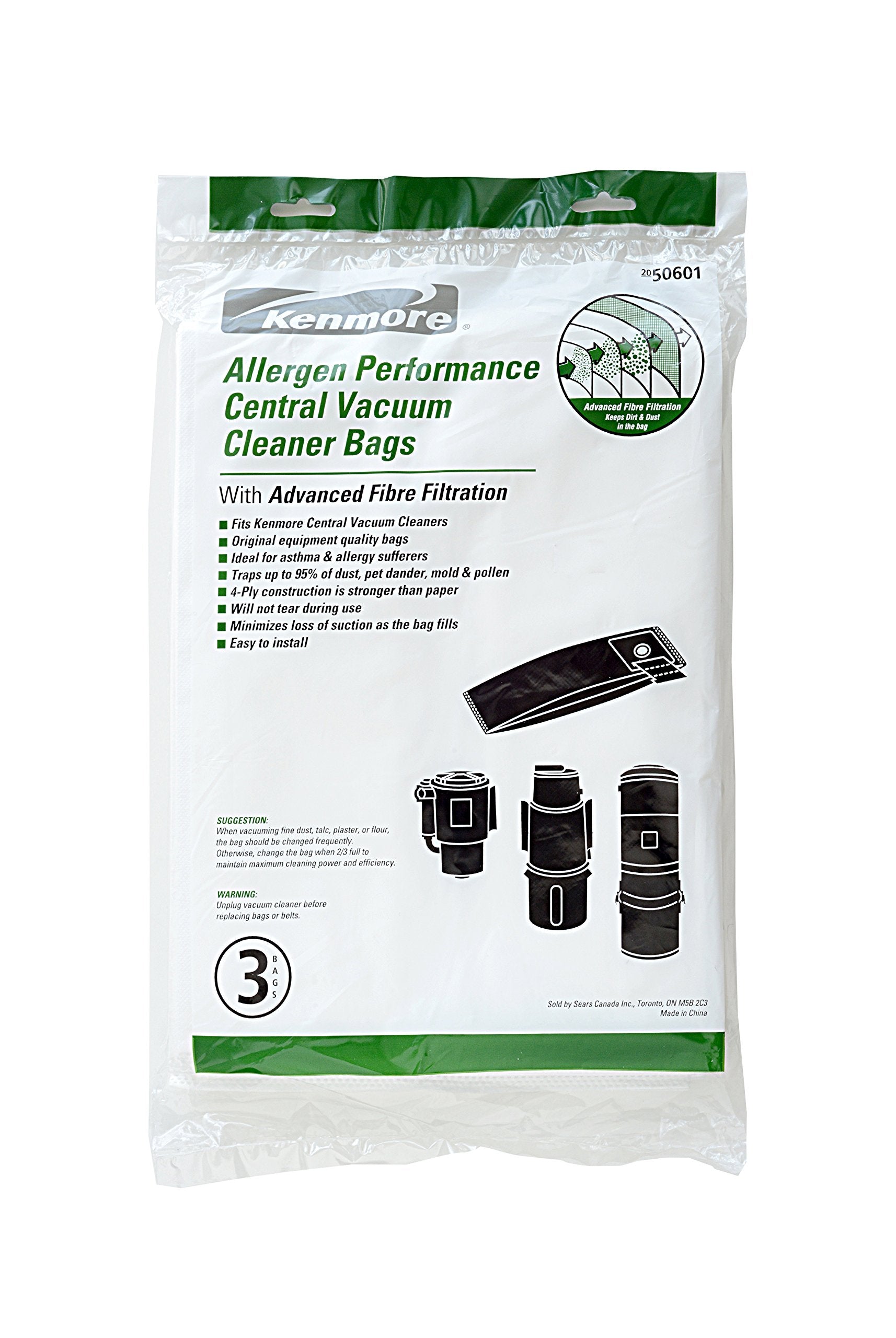 Kenmore 50601 Allergen Central Vac Bags. Genuine Kenmore Synthetic Central Vacuum Cleaner Bags. Package of 3 Bags