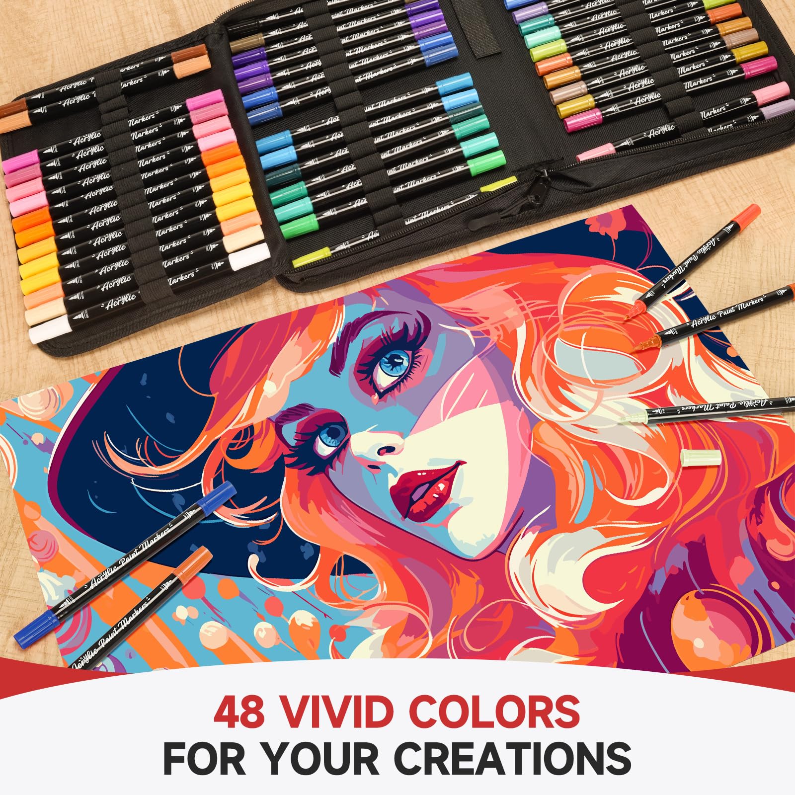 Acrylic Paint Markers, 48 Color Dual Tip Acrylic Paint Pens with Brush and Fine Tips for Rock Painting, Wood, Canvas,Ceramic,Card Making,Vibrant Color Ideal for Artists, Crafters & DIY Projects