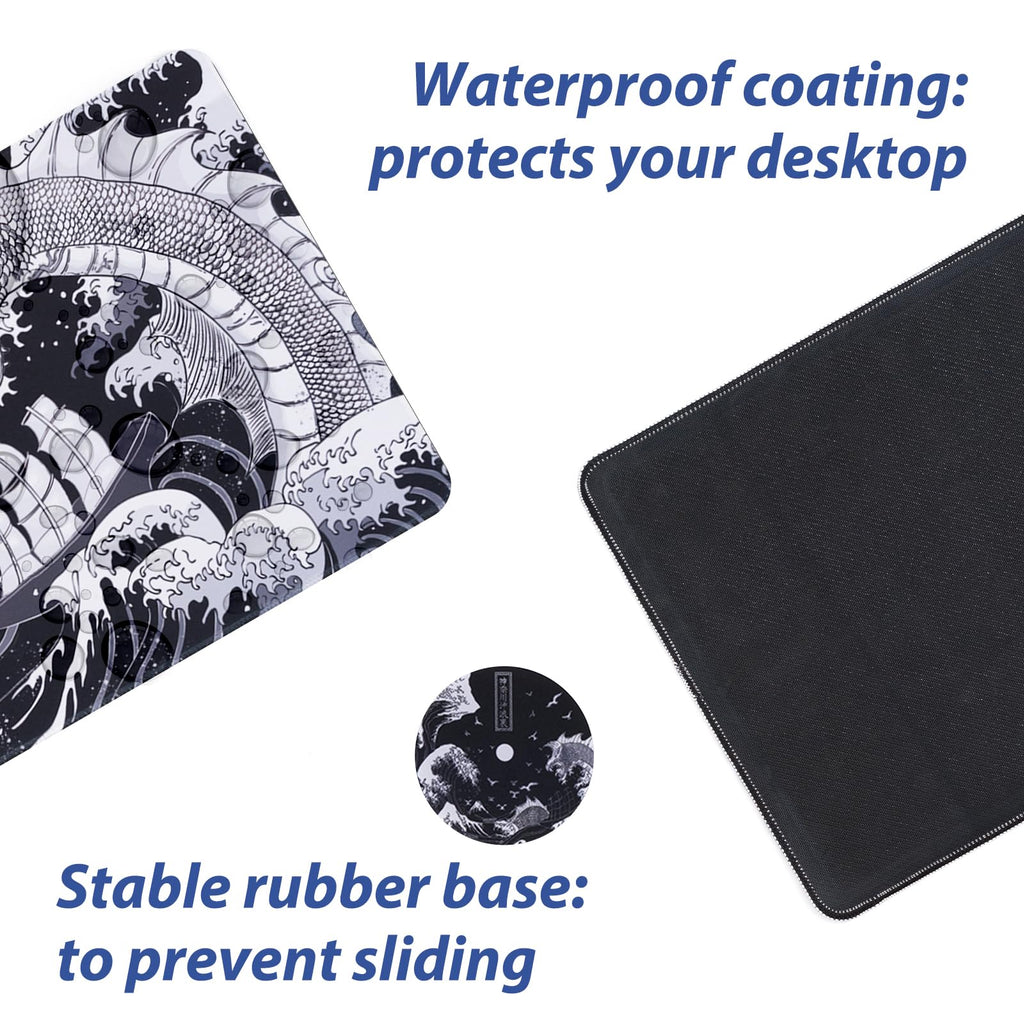 KuZaiALi Japanese Mount Fuji Cherry Blossoms Mouse Pad (Bouns: Coaster+Bag) 31.5x11.8 Inch 3mm Thick Extended Gaming Mousepad Non-Slip Water-Proof Keyboard Pad (Kanagawa Black)