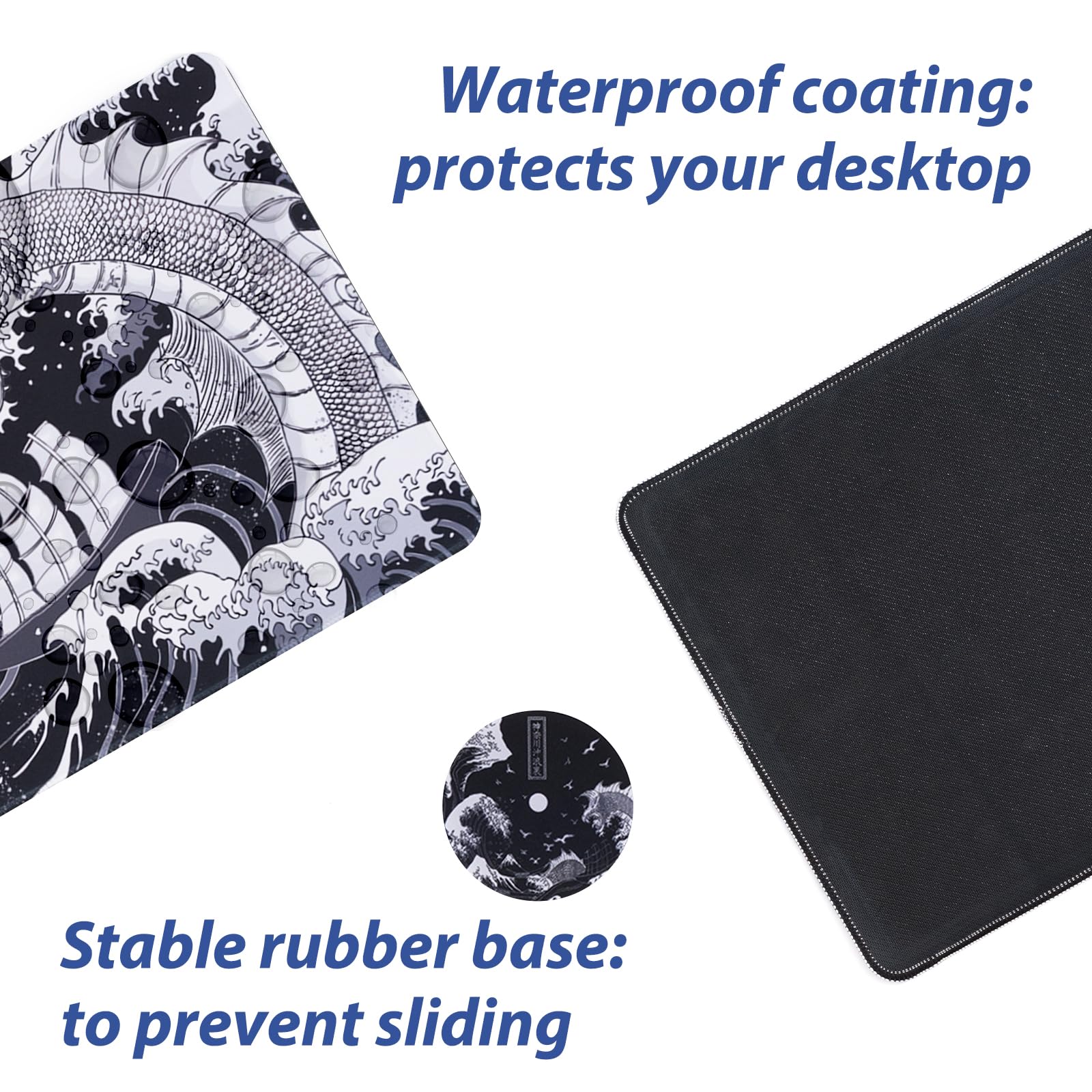KuZaiALi Japanese Mount Fuji Cherry Blossoms Mouse Pad (Bouns: Coaster+Bag) 31.5x11.8 Inch 3mm Thick Extended Gaming Mousepad Non-Slip Water-Proof Keyboard Pad (Kanagawa Black)