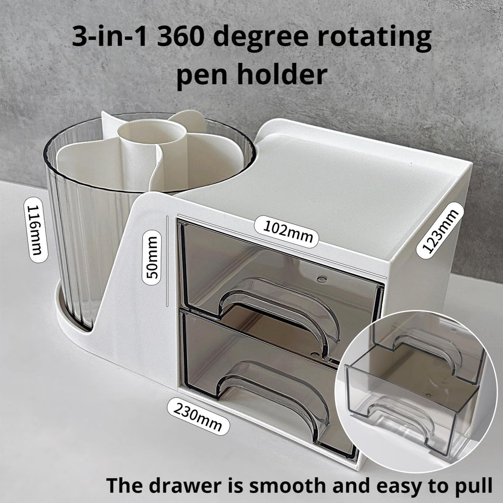 Rotating Desk Organizer, Large Capacity Cosmetic Display Case with Drawer, 360-Degree Rotating Pen Holder, Art Supply Storage Box Caddy for Office and Home
