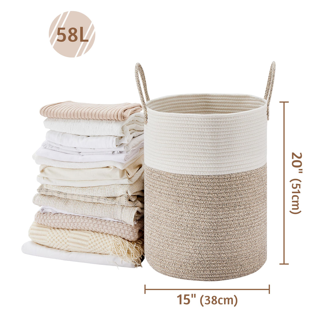 VIPOSCO Large Laundry Hamper, Tall Woven Rope Storage Basket for Blanket, Toys, Dirty Clothes in Living Room, Bathroom, Bedroom - 58L White & Brown