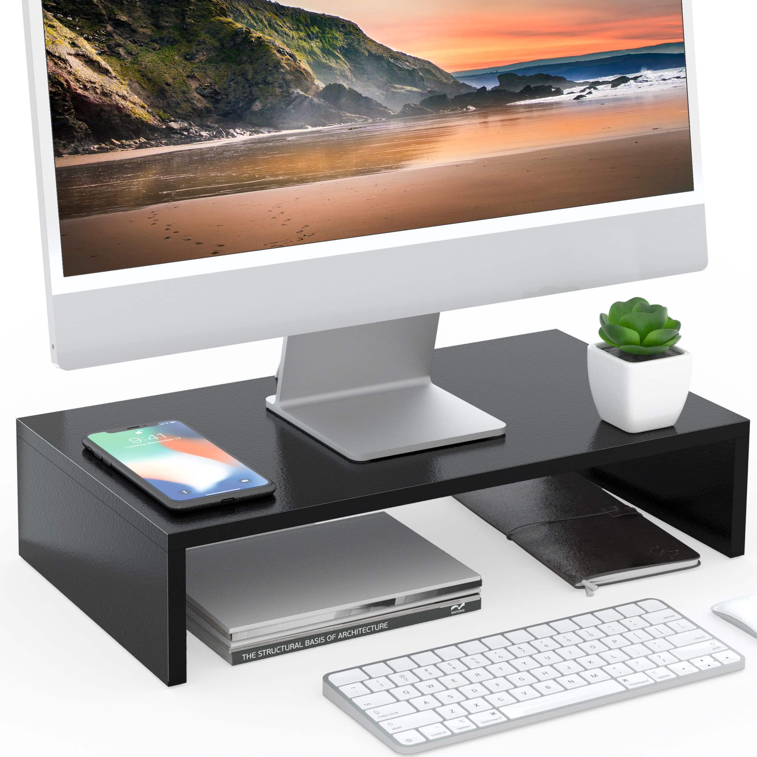 FITUEYES Computer Monitor Riser 16.7 inch Laptop Stand Save Space Desk Organizer with Keyboard Organizer Space Black DT104201WB