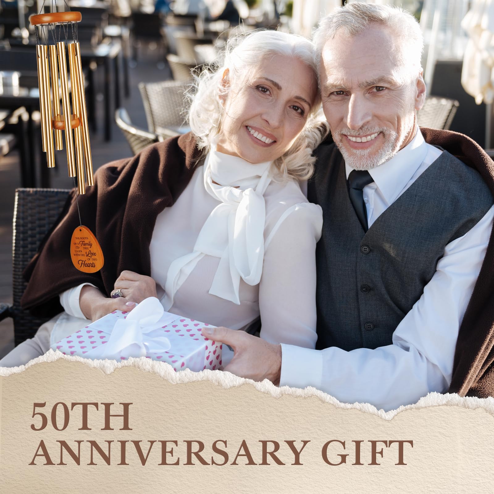 Leebbsin 50th Anniversary Wedding Wind Chime - Romantic Golden for Couple, Parents, Wife, Husband, Friends - Keepsake Ideas