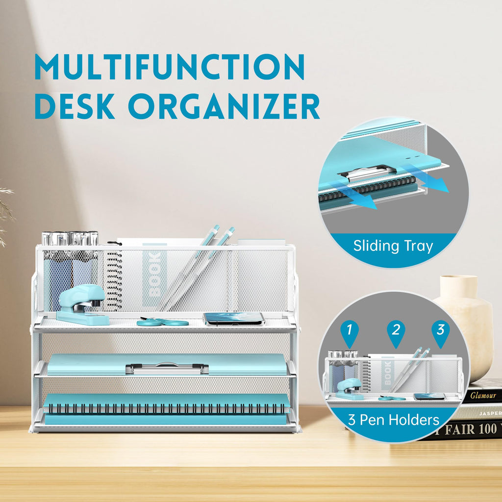 JMHUD 3-Tier Paper Letter Tray Organizer with Pen Holder, Mesh Desk Accessories & Workspace Organizers with Handle, File Sorter Office Supplies for Desk,White