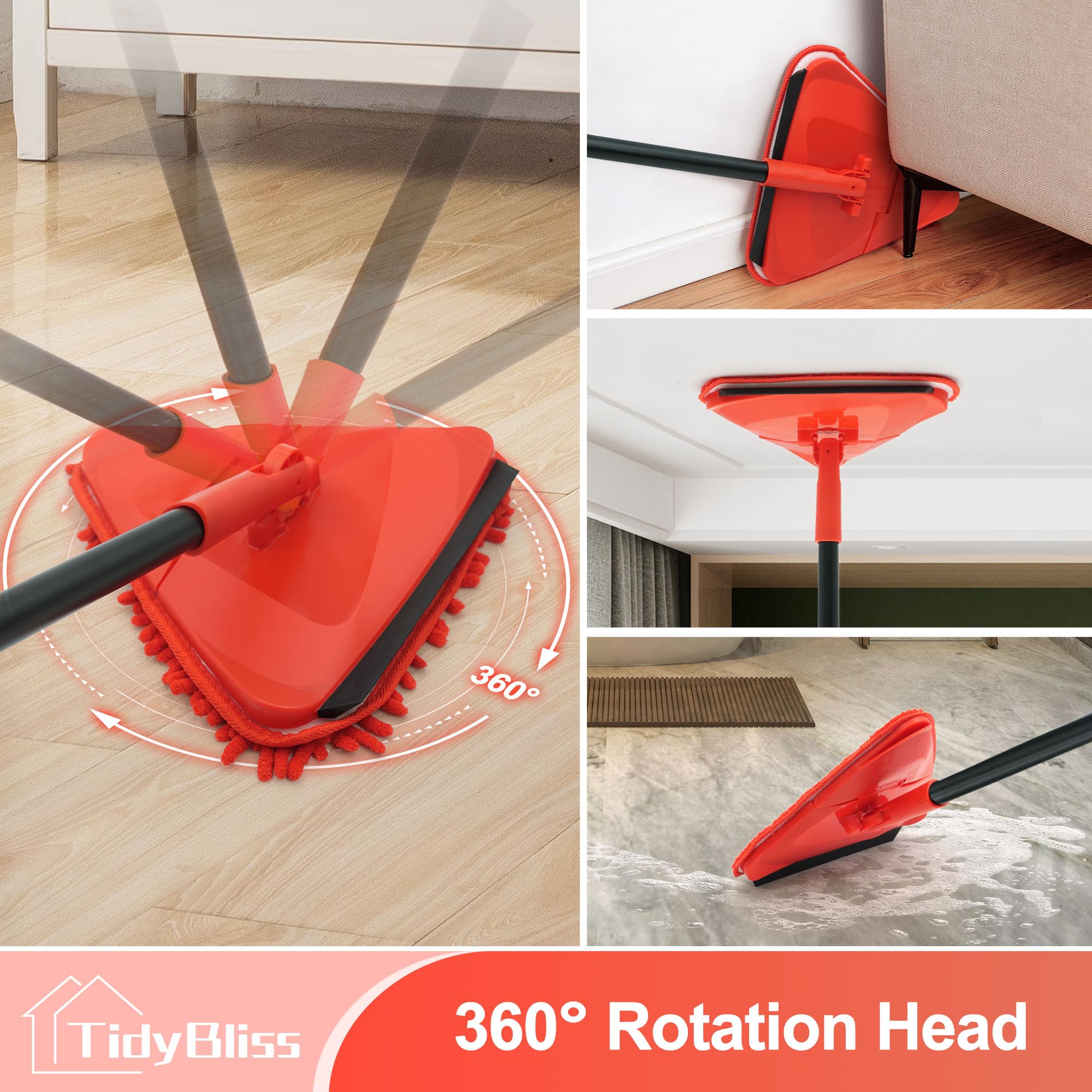 TidyBliss Wall Cleaning Mop with Long Handle 80”, Ceiling Duster Scrubber with 360° Swivel Collapsible Head, Baseboard Cleaner Tool with 3 Chenille and 3 Microfiber Pads for Windows Floor (Red)