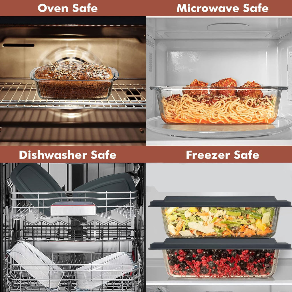 Razab 7.6 Cups / 1800ml / 1.9 Qt Large Glass Loaf Pan with Lids (Set of 2) - BPA-Free Meatloaf Pan with Easy-Grip Handle - 10 x 5 in Bread Baking Pan, Microwave & Oven Safe