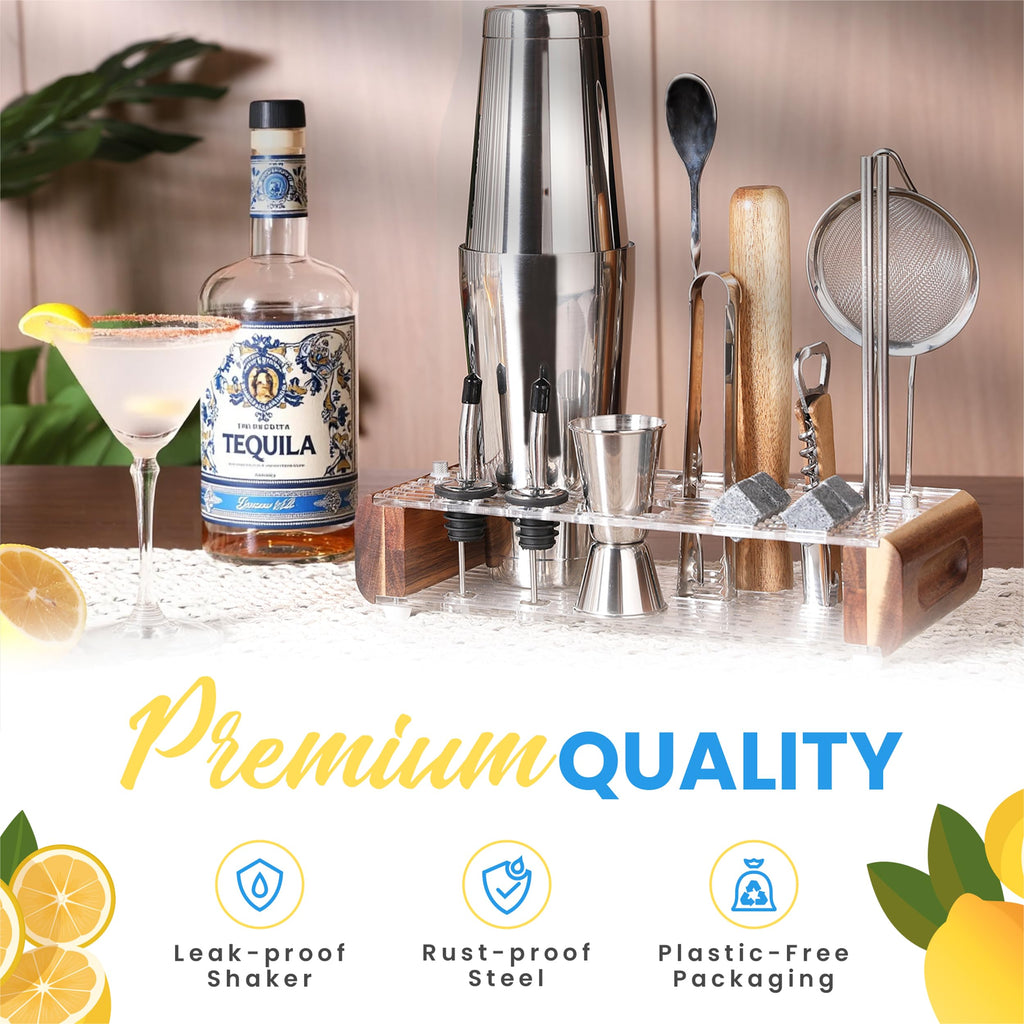 Mixology Bartender Kit with Wood Stand-18 Piece Bar Tool Set, Silver Bar Set Boston Shaker for Drink Mixing-Includes Boston Shaker, Jigger, Hawthorne Strainer, Mixer Spoon, Tongs, Opener|Gift Idea