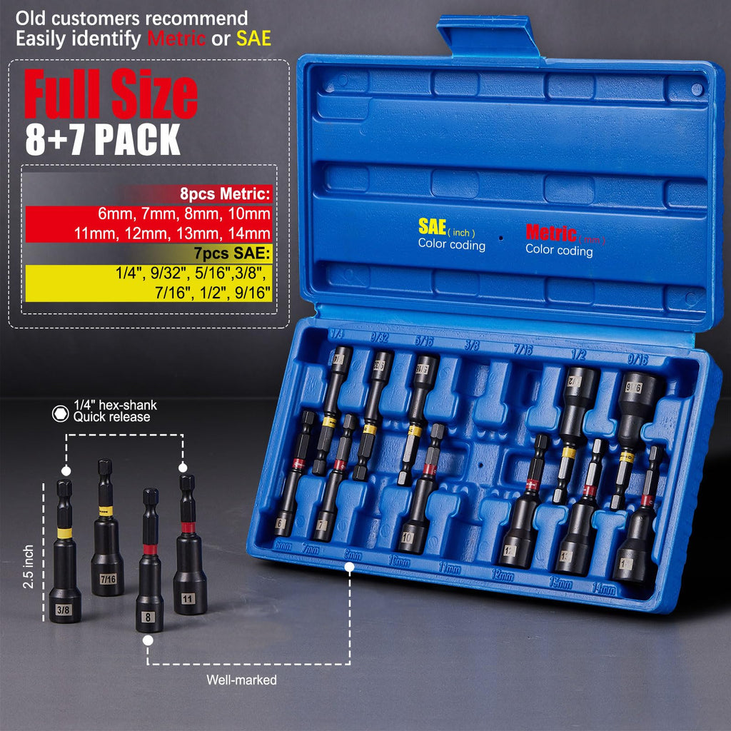 Facoow 15PCS Nut Drivers Set Magnetic, SAE & Metric Nut Drivers Set, Impact Nut Drivers for Impact Drills, 1/4" Hex Shank Standard Nut Driver with Storage Box, Durable for Professional, DIY Project