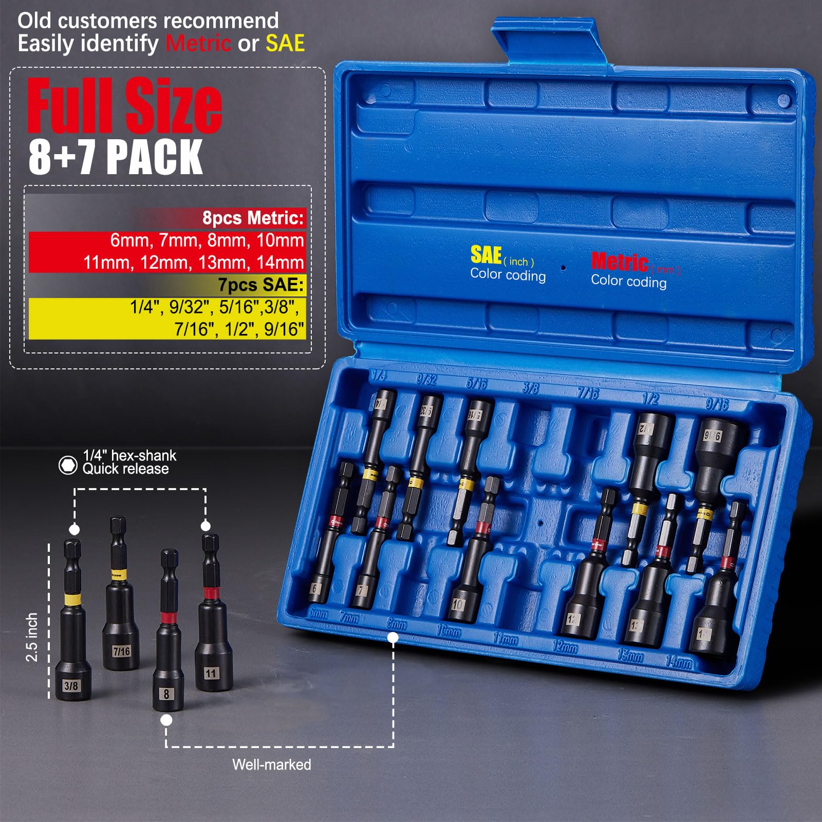 Facoow 15PCS Nut Drivers Set Magnetic, SAE & Metric Nut Drivers Set, Impact Nut Drivers for Impact Drills, 1/4" Hex Shank Standard Nut Driver with Storage Box, Durable for Professional, DIY Project