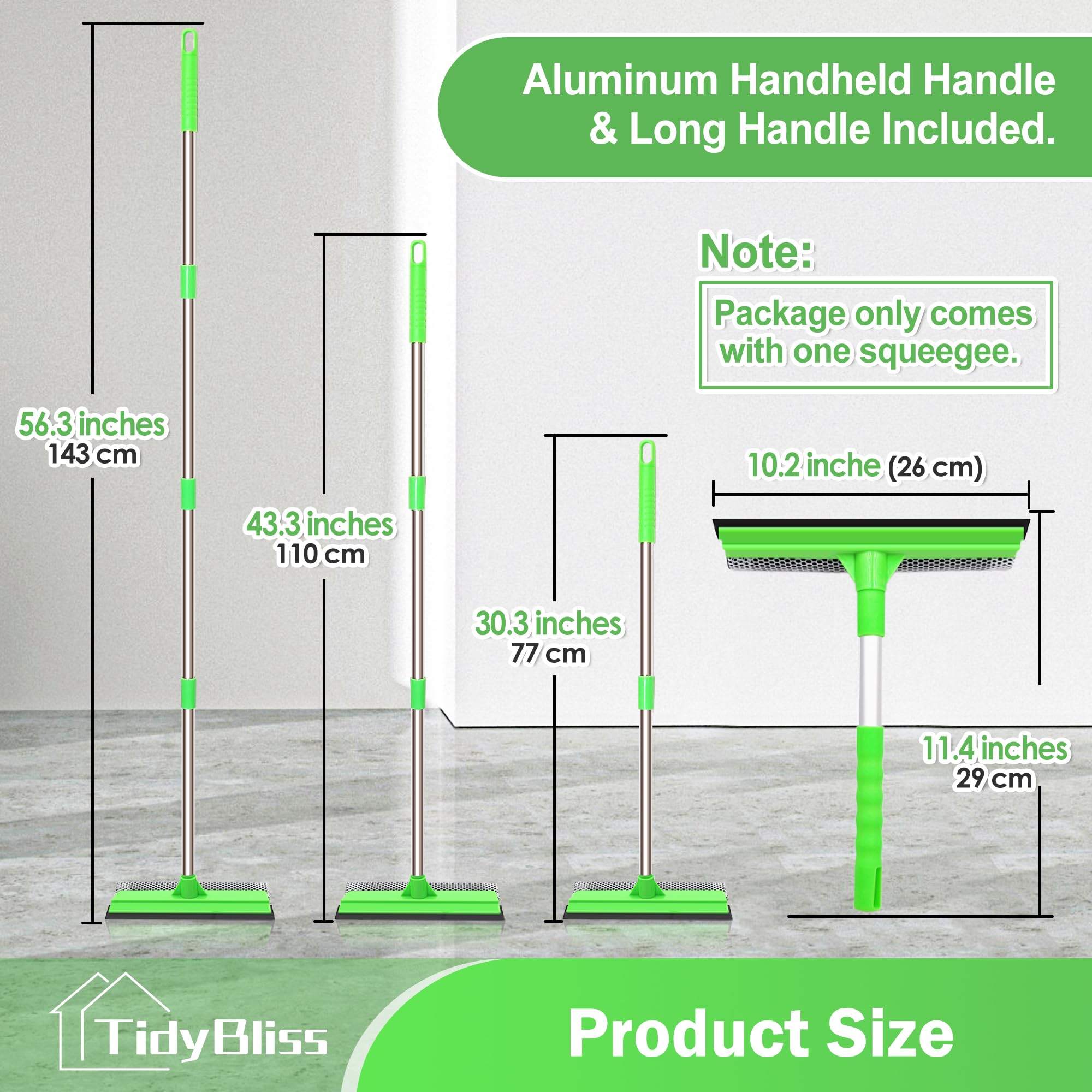 TidyBliss Window Cleaning Tools with Extension Pole 56”, Professional Car Windshield Washing Squeegee Kit, Household Glass Cleaner Sponge Scrubber for Mirror Home Outdoor (Green)