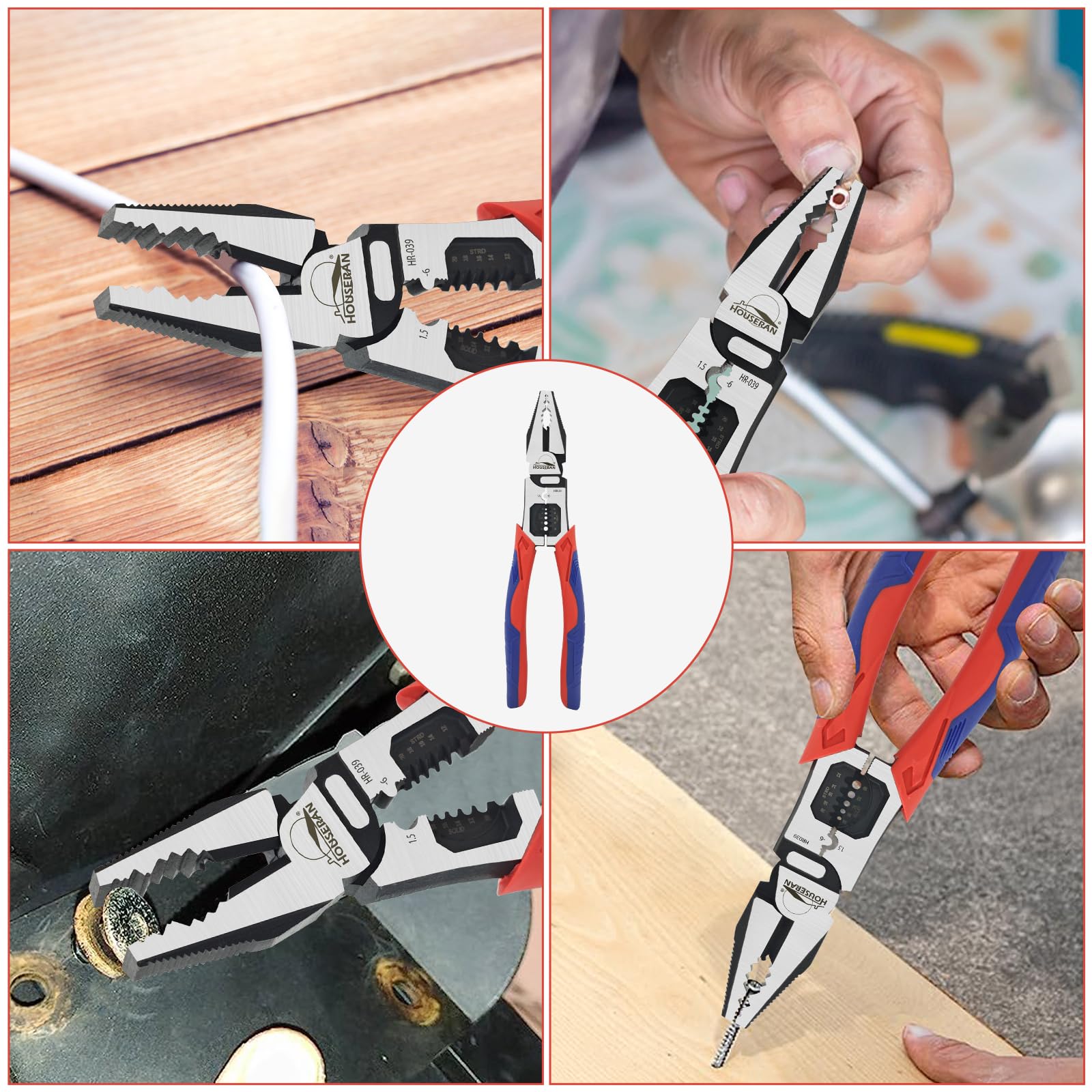 HOUSERAN Linemans Pliers, Combination Pliers with Wire Stripper and Crimper, 8 Inch Lineman Plier, 5-in-1 Linesman for Cutting, Crimping, Stripping
