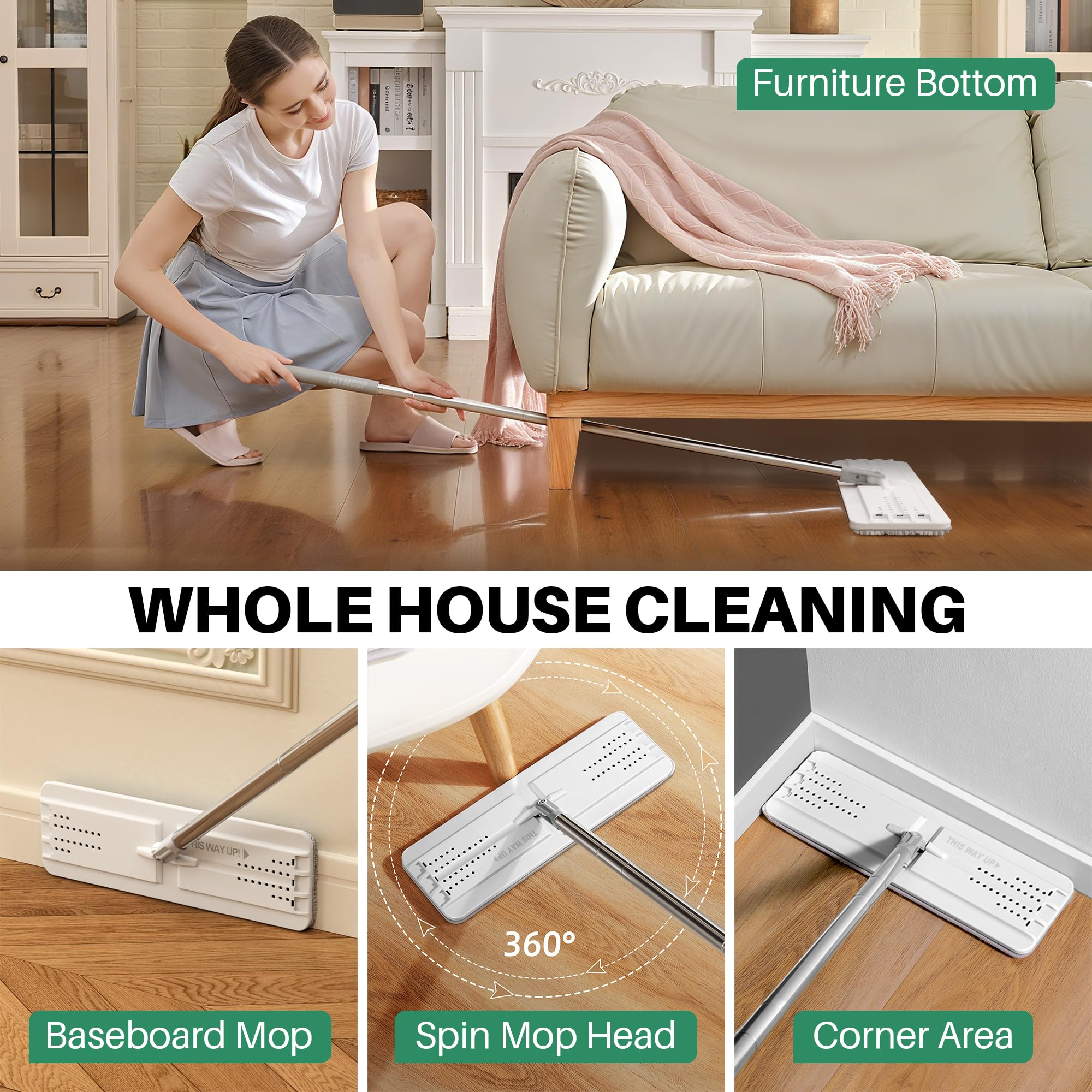 JOYMOOP Flat Mop, Microfiber Mops for Floor Cleaning and Wall Cleaner, 50" Mop Handle with Flexible 13" Flat Head with a Microfiber Mop Pad - White