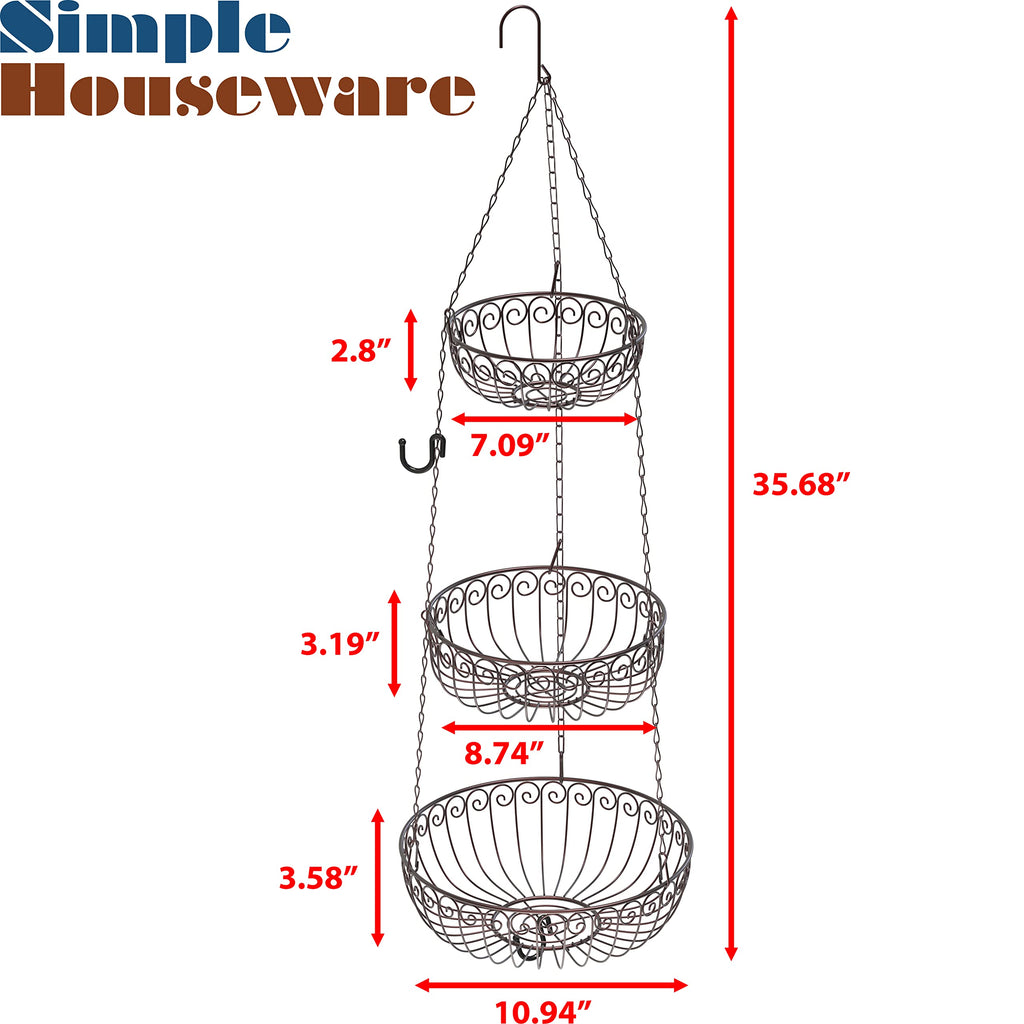 Simple Houseware 3-Tier Hanging Fruit Basket, Round, Bronze