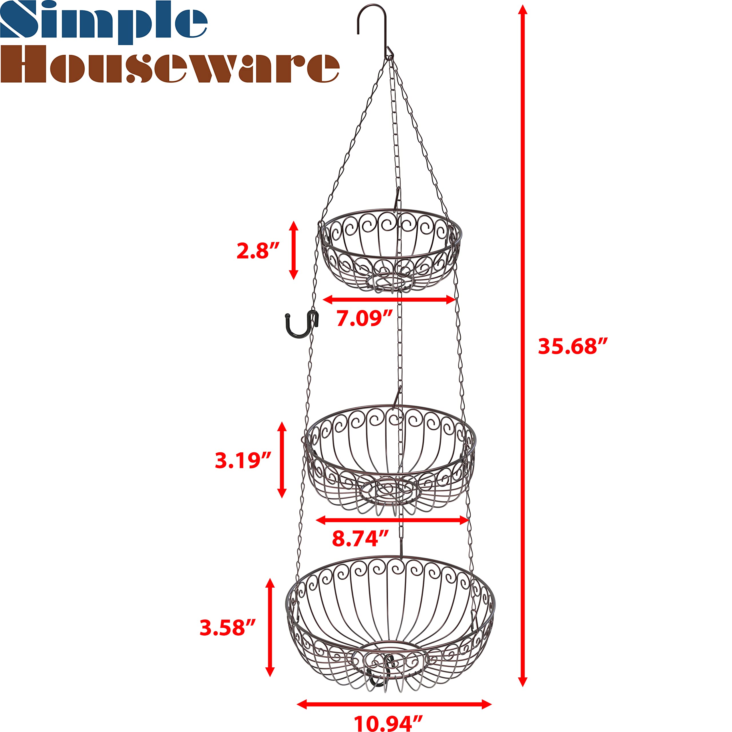 Simple Houseware 3-Tier Hanging Fruit Basket, Round, Bronze