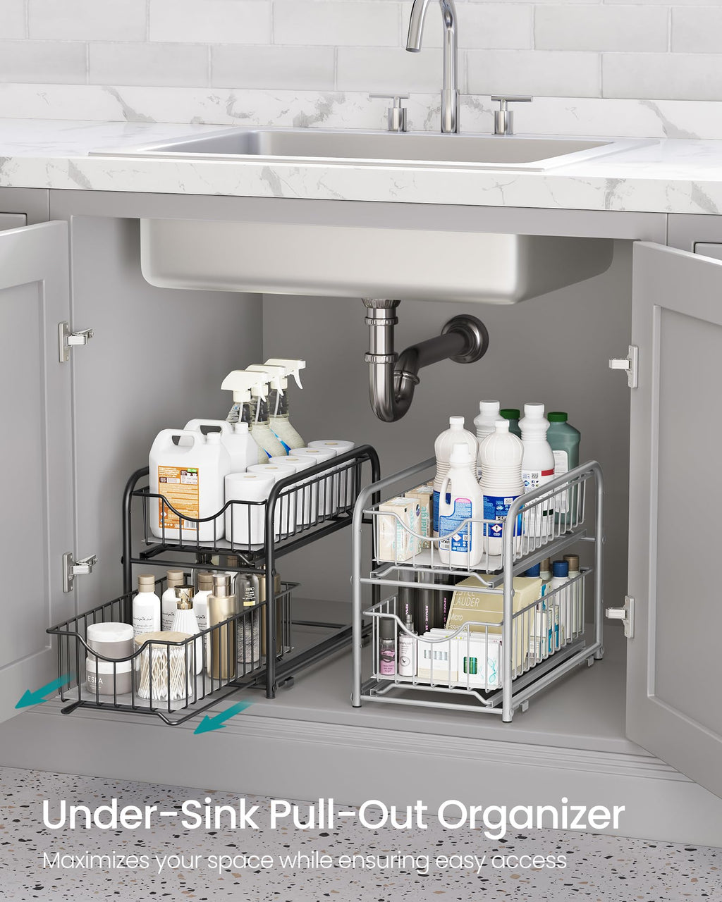 SONGMICS Pull Out Cabinet Organizer, 2-Tier Stackable Bathroom Organizer and Storage, 2 Sliding Basket Drawers, Cabinet Organizer for Kitchen, Bathroom, Ink Black UKCS017B01