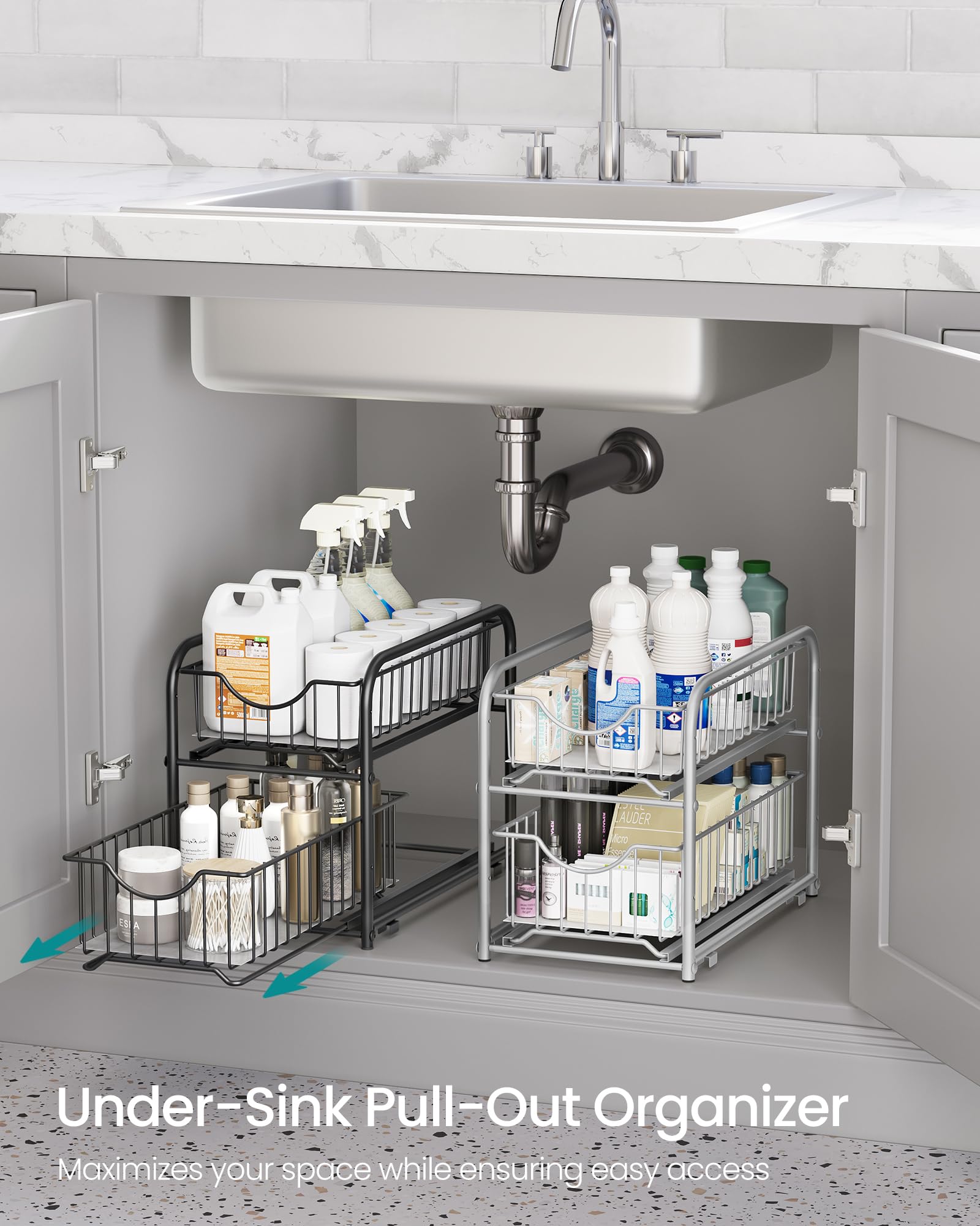 SONGMICS Pull Out Cabinet Organizer, 2-Tier Stackable Bathroom Organizer and Storage, 2 Sliding Basket Drawers, Cabinet Organizer for Kitchen, Bathroom, Ink Black UKCS017B01